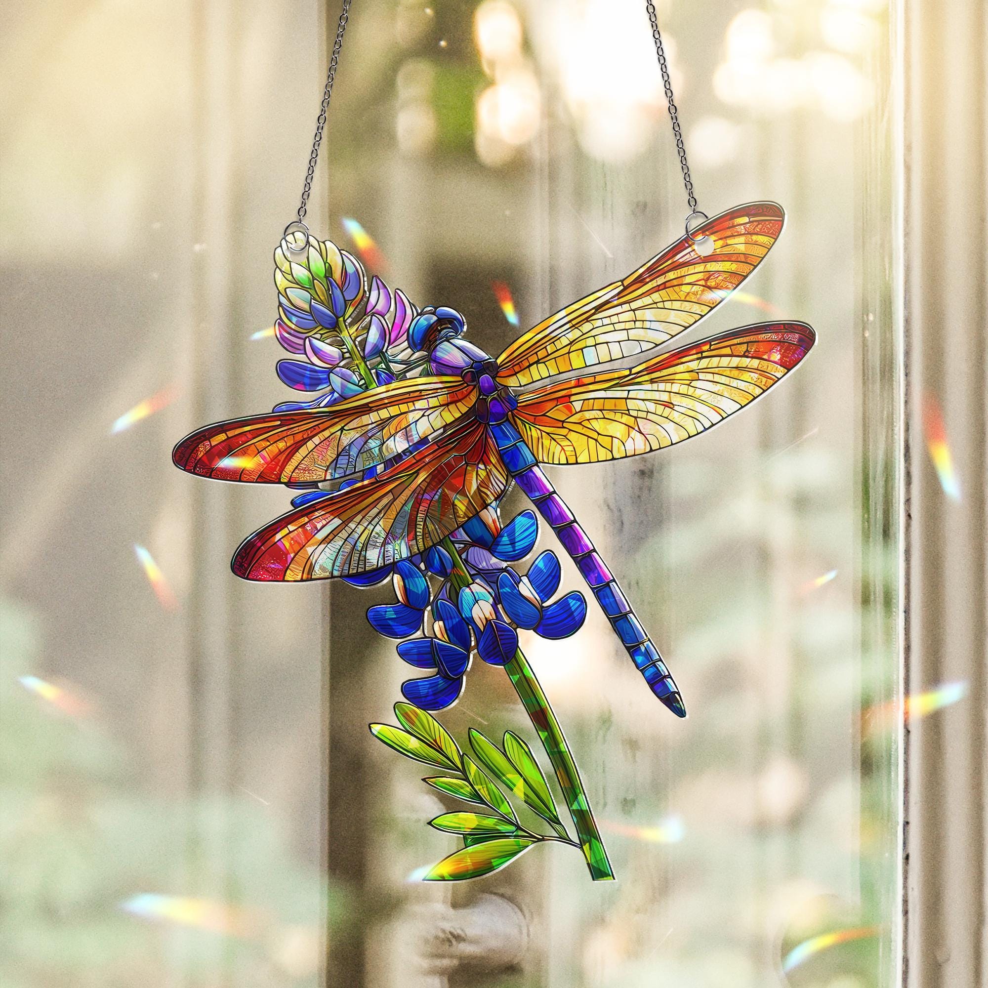 Dragonfly and Texas Bluebonnet Holographic Suncatcher Gift for Mom on Mother's Day, Wildflower Window Decor, Garden Nature Lover Gift