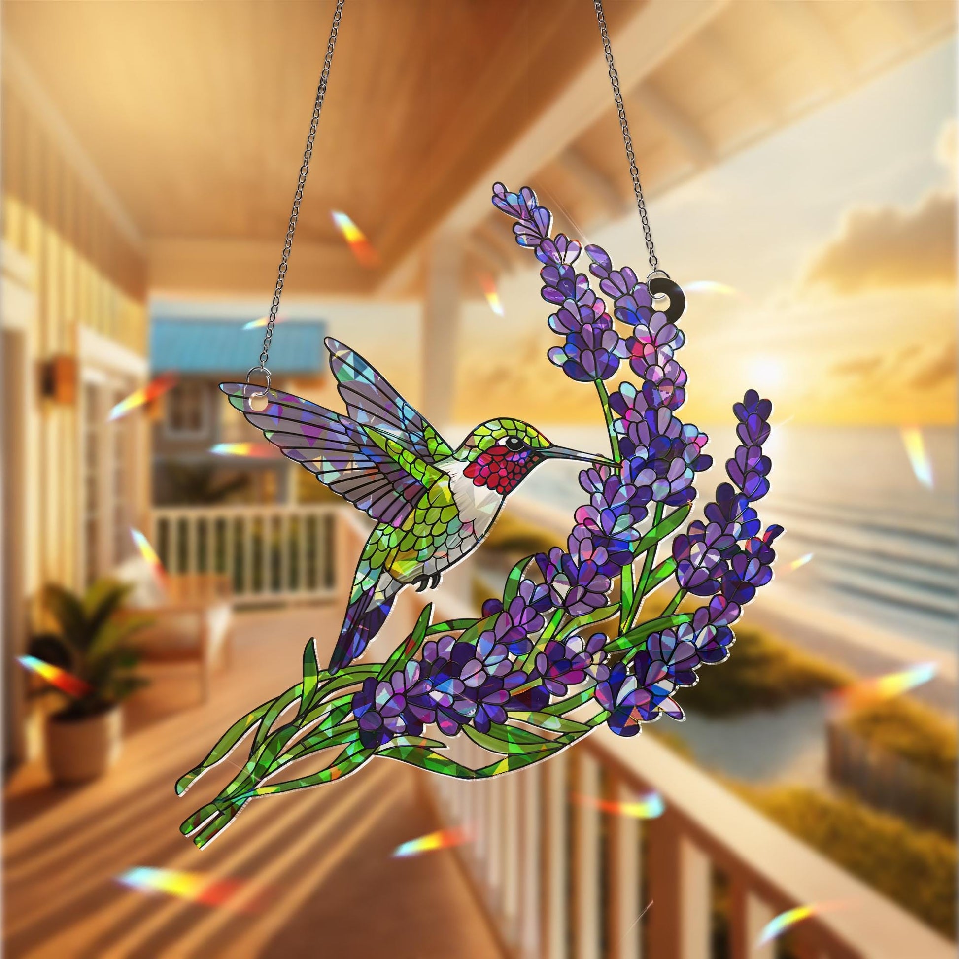 Holographic Hummingbird Suncatcher, Lavender Flower Window Hanging, Mother's Day Gift, Gift for Mom, Acrylic Bird Decor, Bird Lavender Decor