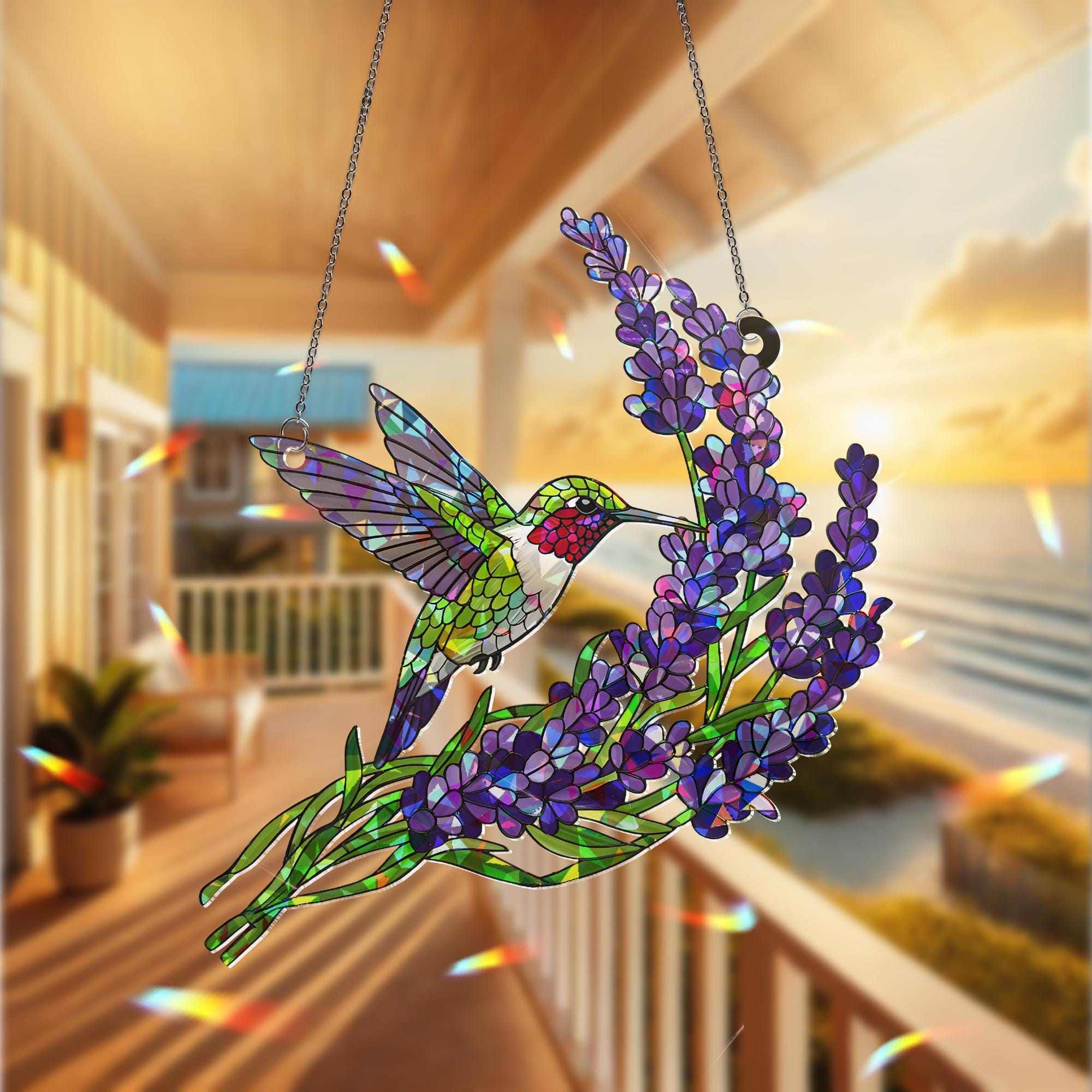 Holographic Hummingbird Suncatcher, Lavender Flower Window Hanging, Mother's Day Gift, Gift for Mom, Acrylic Bird Decor, Bird Lavender Decor
