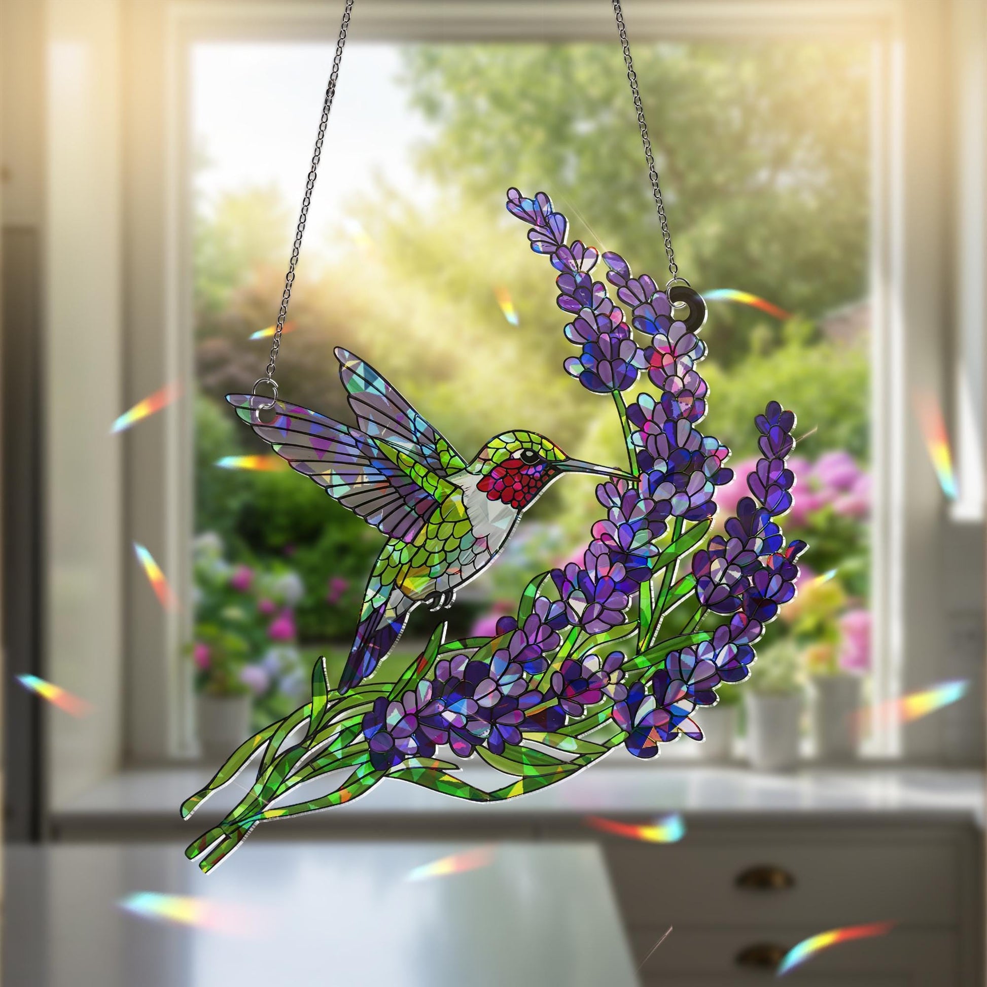 Holographic Hummingbird Suncatcher, Lavender Flower Window Hanging, Mother's Day Gift, Gift for Mom, Acrylic Bird Decor, Bird Lavender Decor