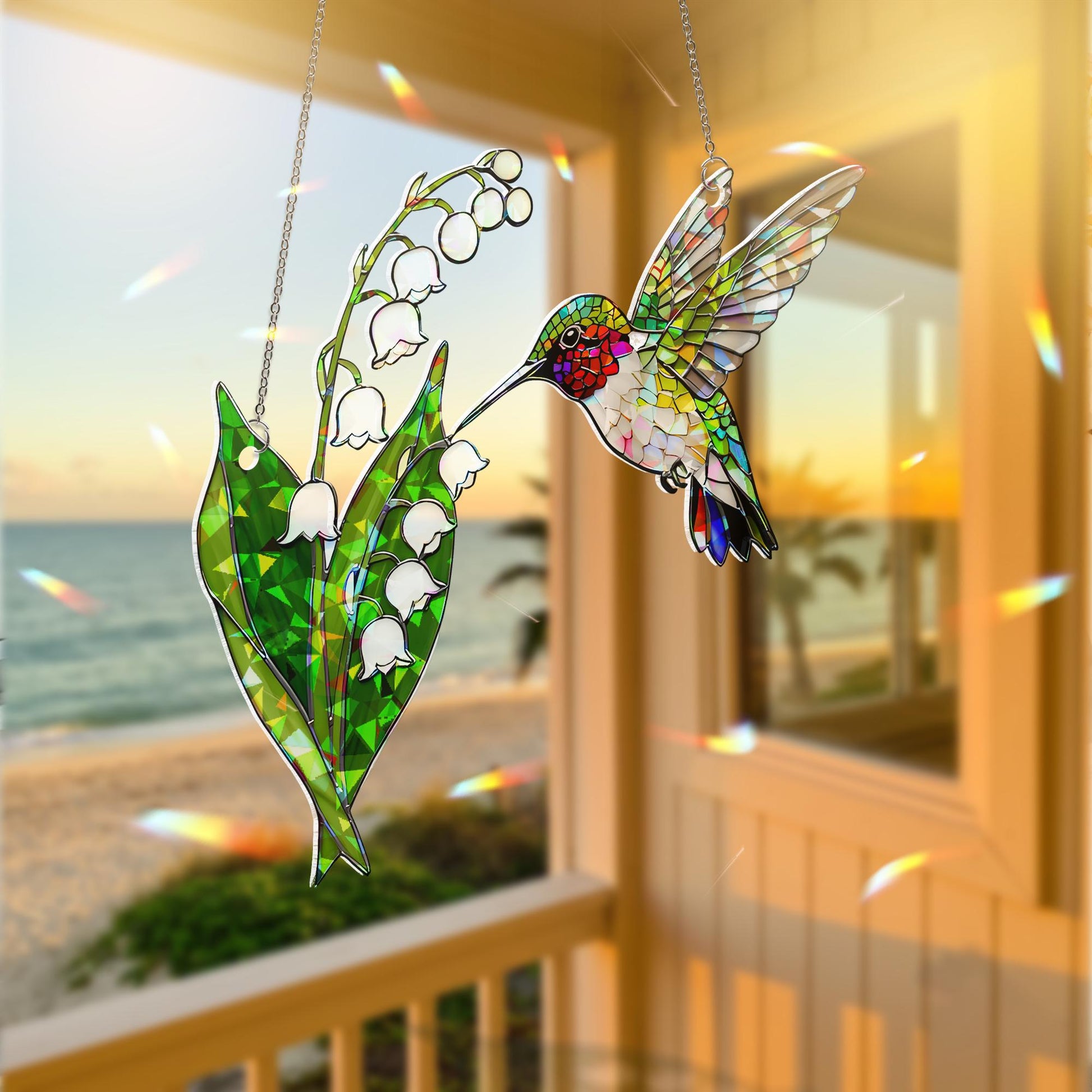 Holographic Hummingbird Suncatcher, Lily of the Valley Window Hanging, Mother's Day Gift, Gift for Mom, Floral Bird Acrylic Decor, Elegant