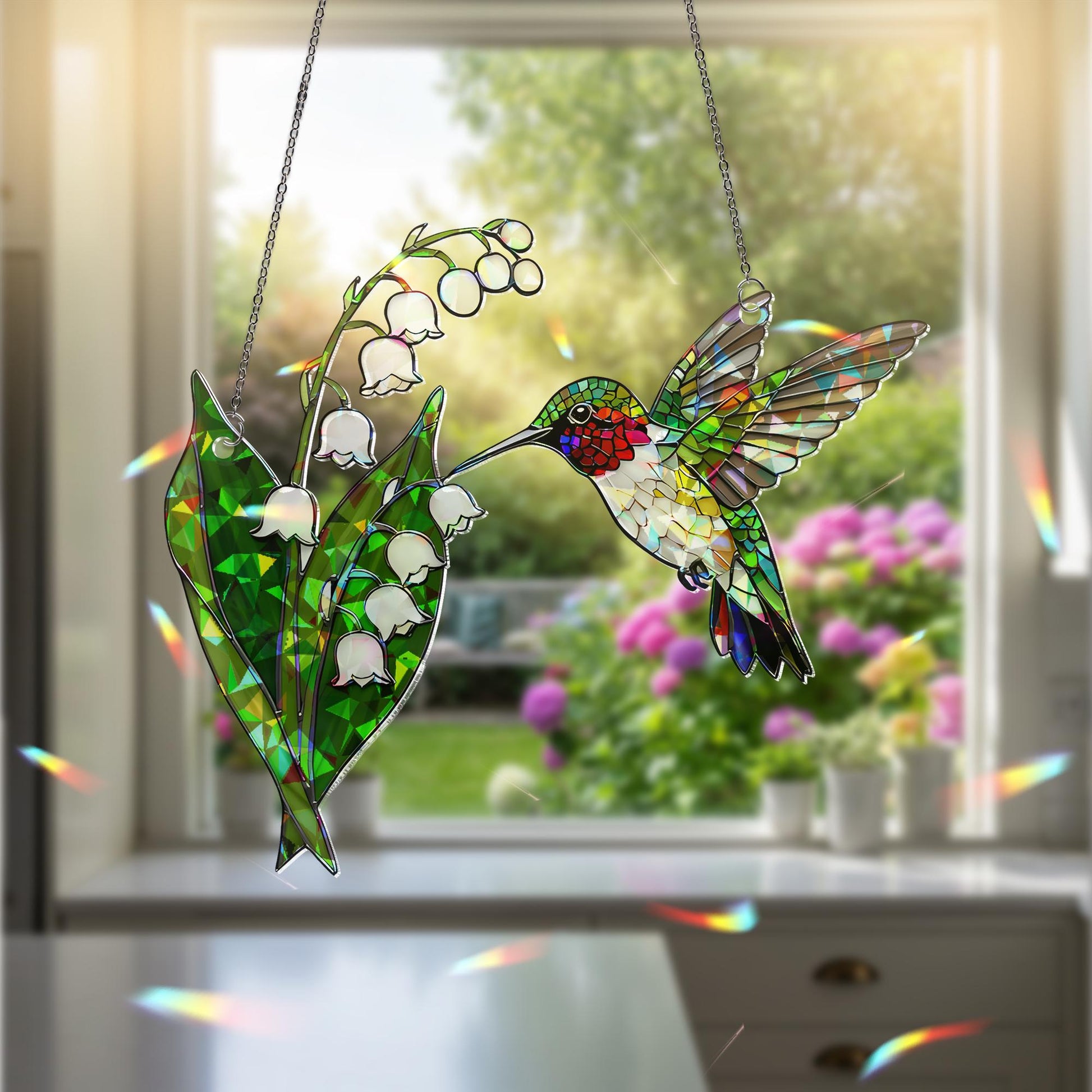 Holographic Hummingbird Suncatcher, Lily of the Valley Window Hanging, Mother's Day Gift, Gift for Mom, Floral Bird Acrylic Decor, Elegant
