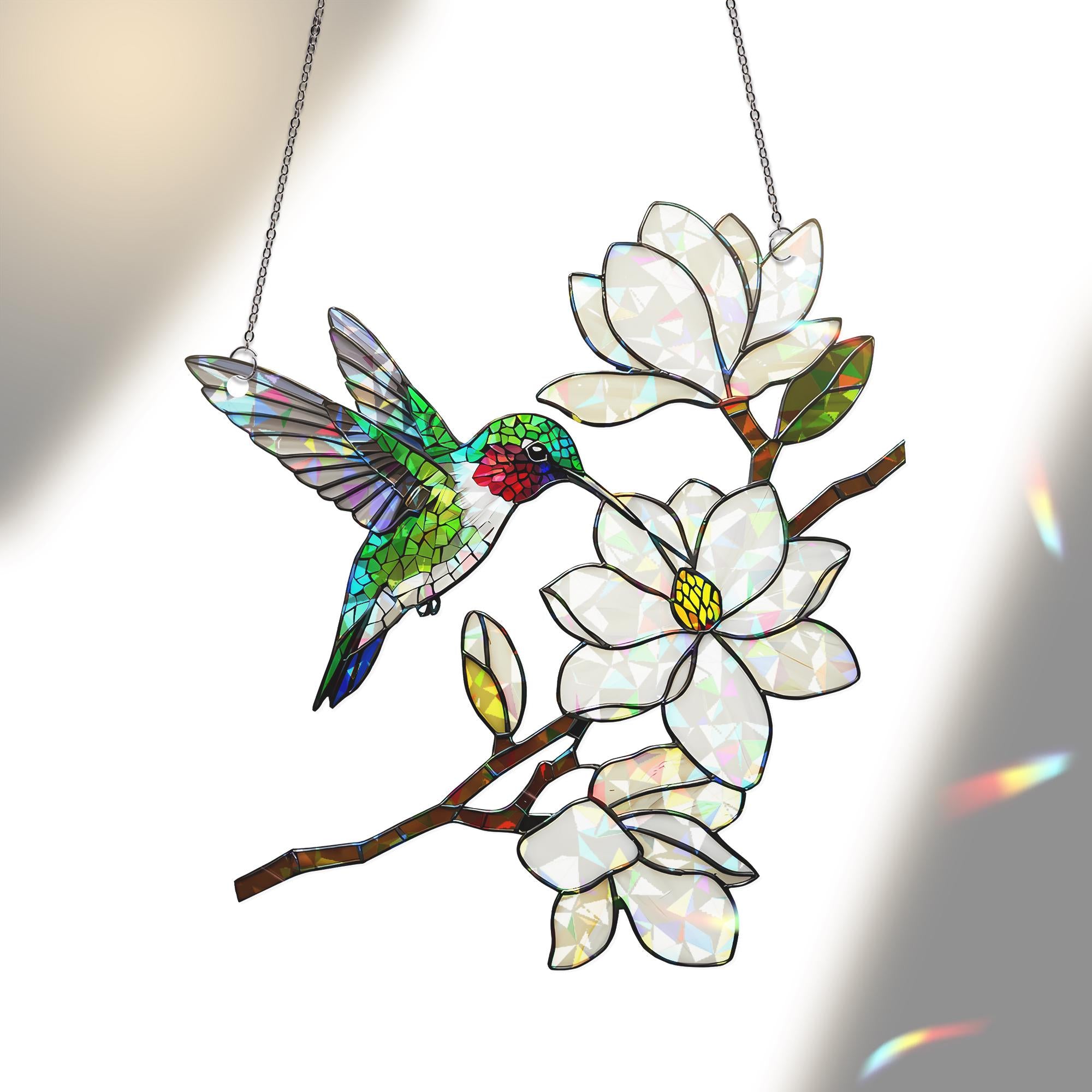 Holographic Hummingbird Suncatcher, Magnolia Flower Window Hanging, Mother's Day Gift, Gift for Mom, Floral Acrylic Decor, Floral Bird Decor