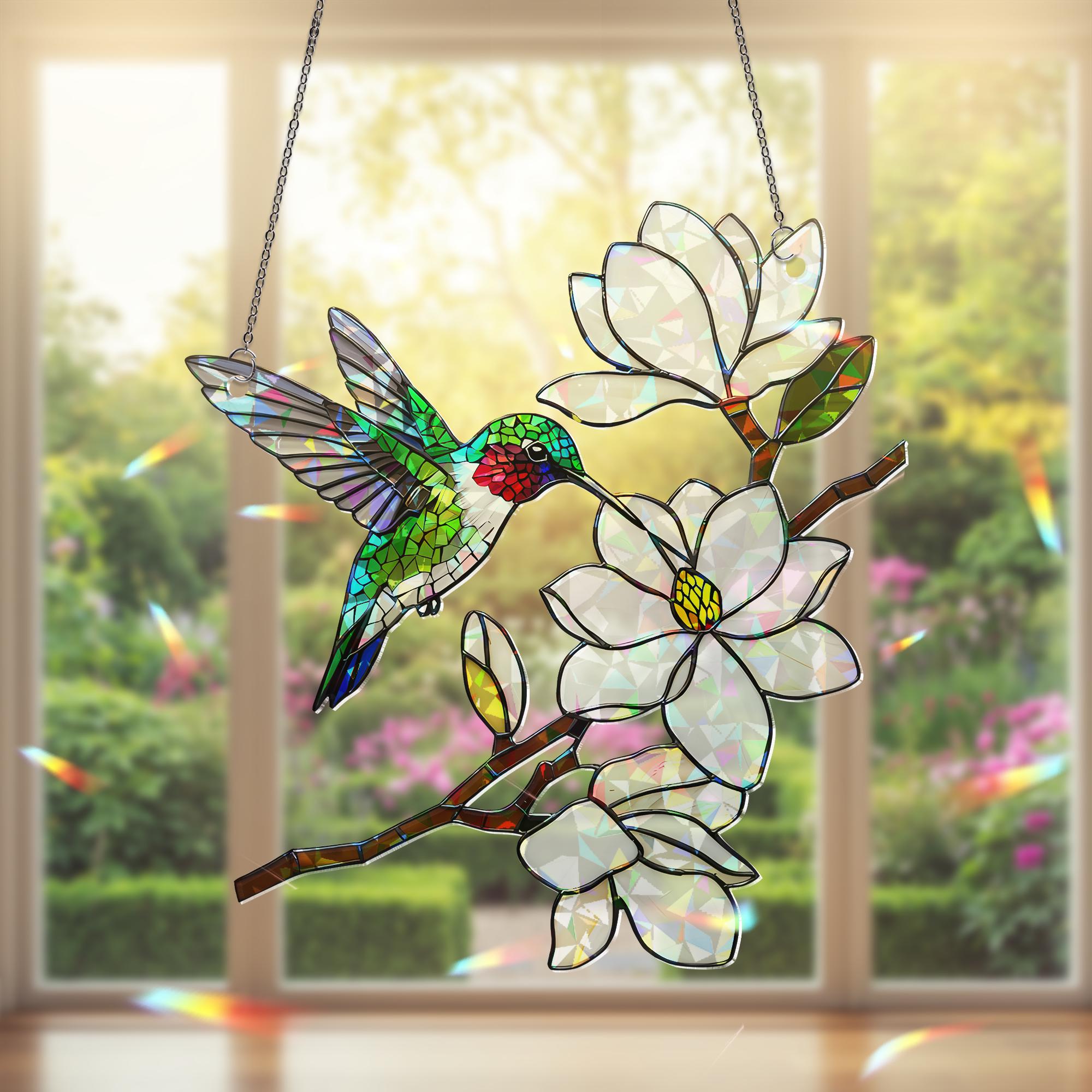 Holographic Hummingbird Suncatcher, Magnolia Flower Window Hanging, Mother's Day Gift, Gift for Mom, Floral Acrylic Decor, Floral Bird Decor