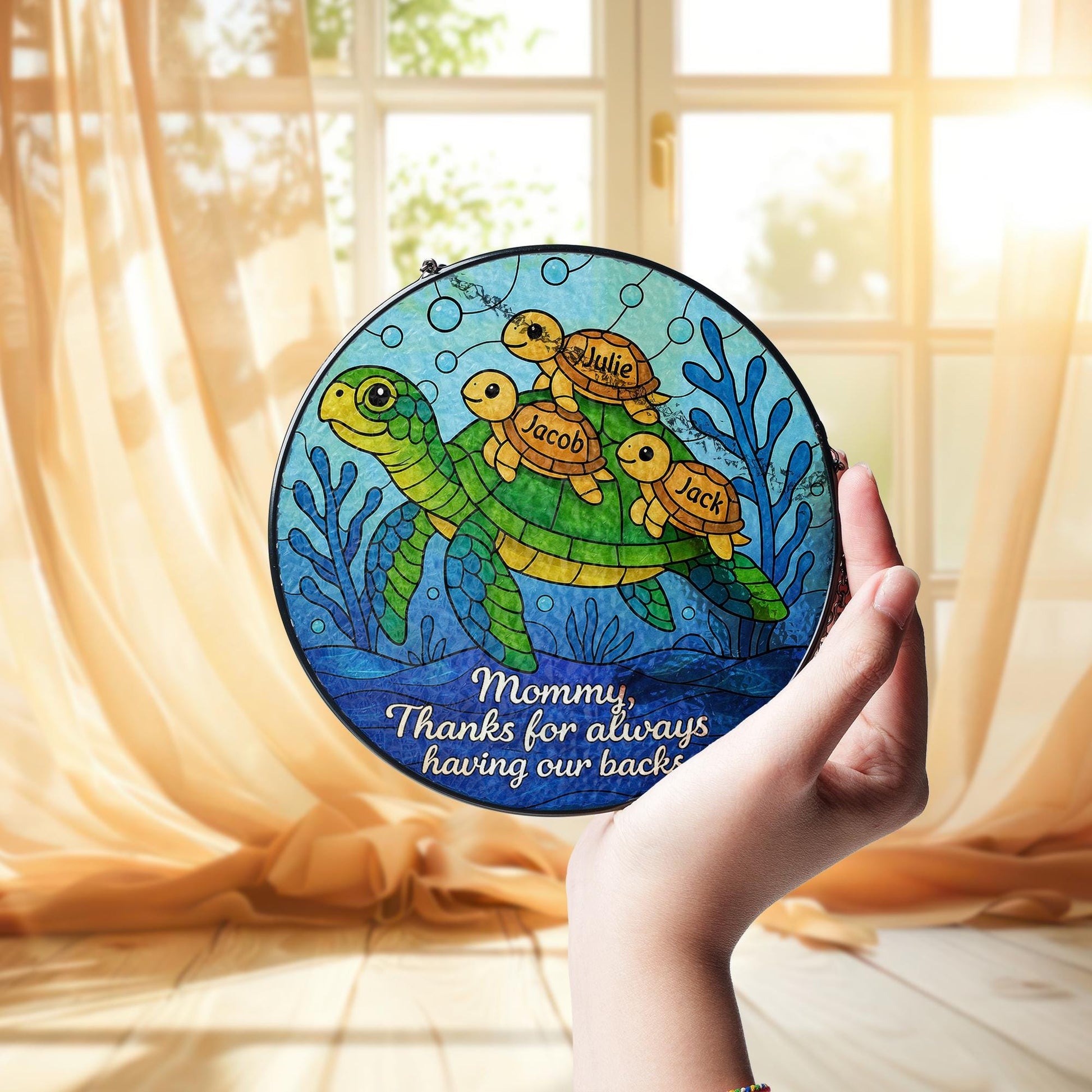 Custom Turtle Family Glass Suncatcher Gift for Mom on Mother’s Day – Personalized Sea Turtle Window Decor with Kids’ Names, up to 3 kids