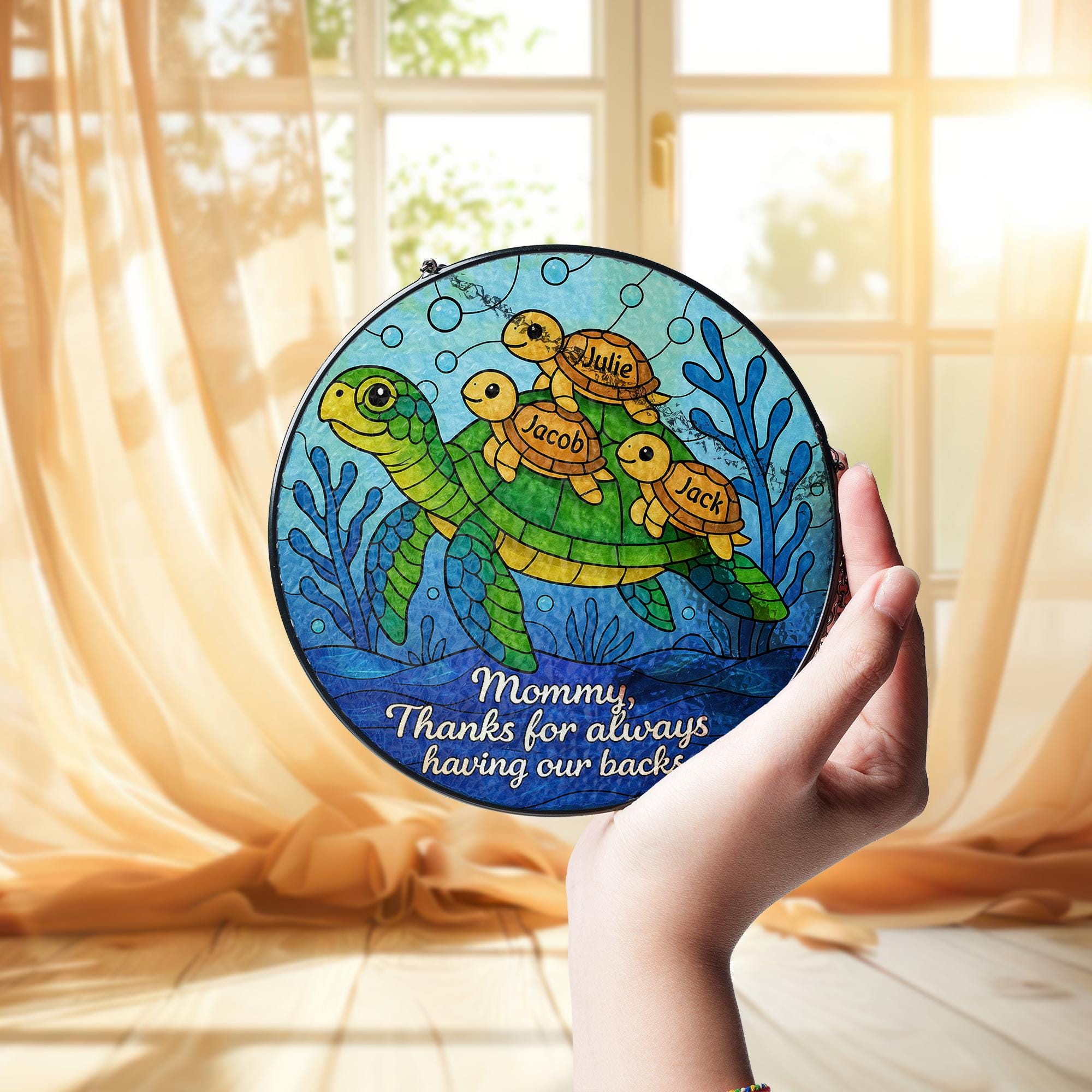 Custom Turtle Family Glass Suncatcher Gift for Mom on Mother’s Day – Personalized Sea Turtle Window Decor with Kids’ Names, up to 3 kids