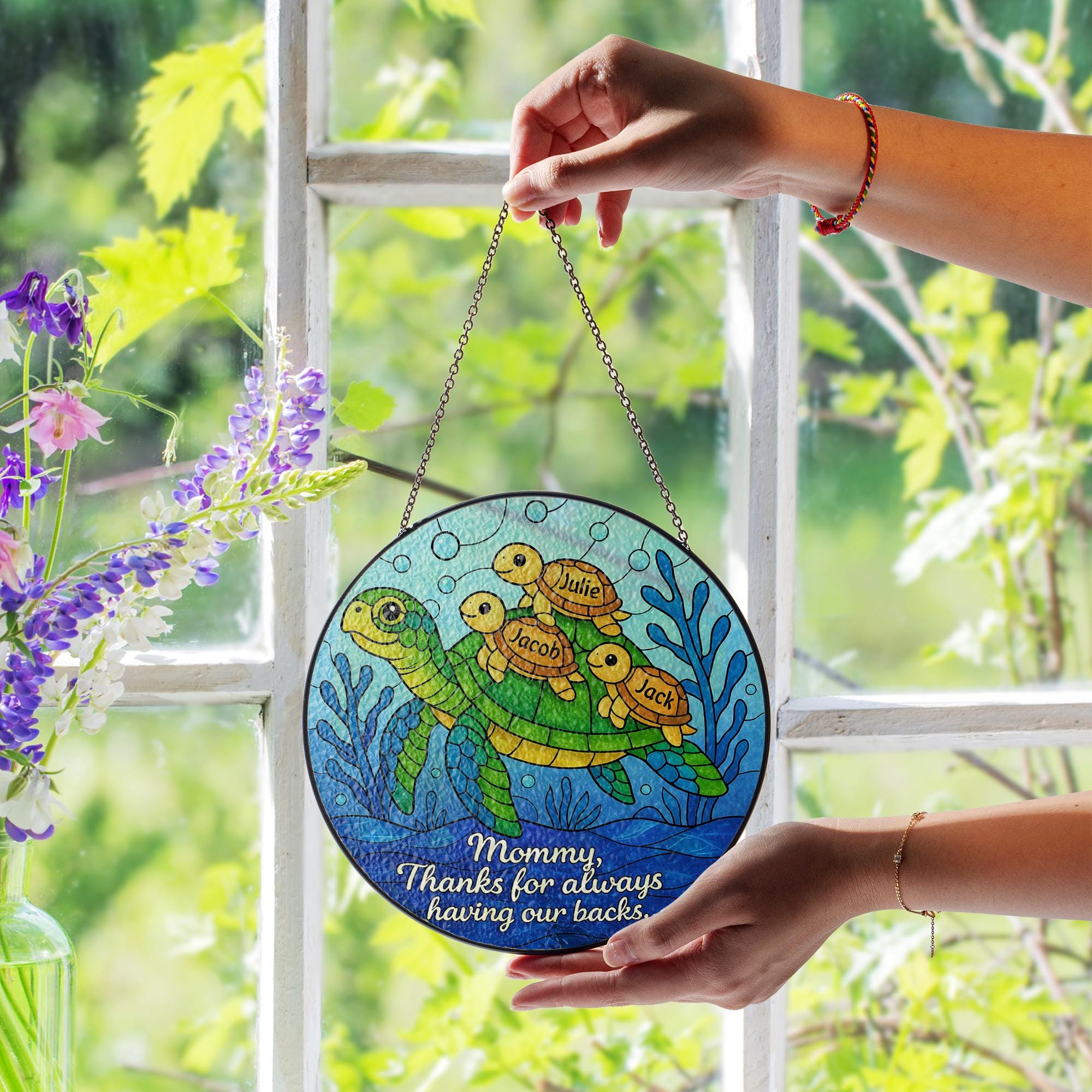 Custom Turtle Family Glass Suncatcher Gift for Mom on Mother’s Day – Personalized Sea Turtle Window Decor with Kids’ Names, up to 3 kids