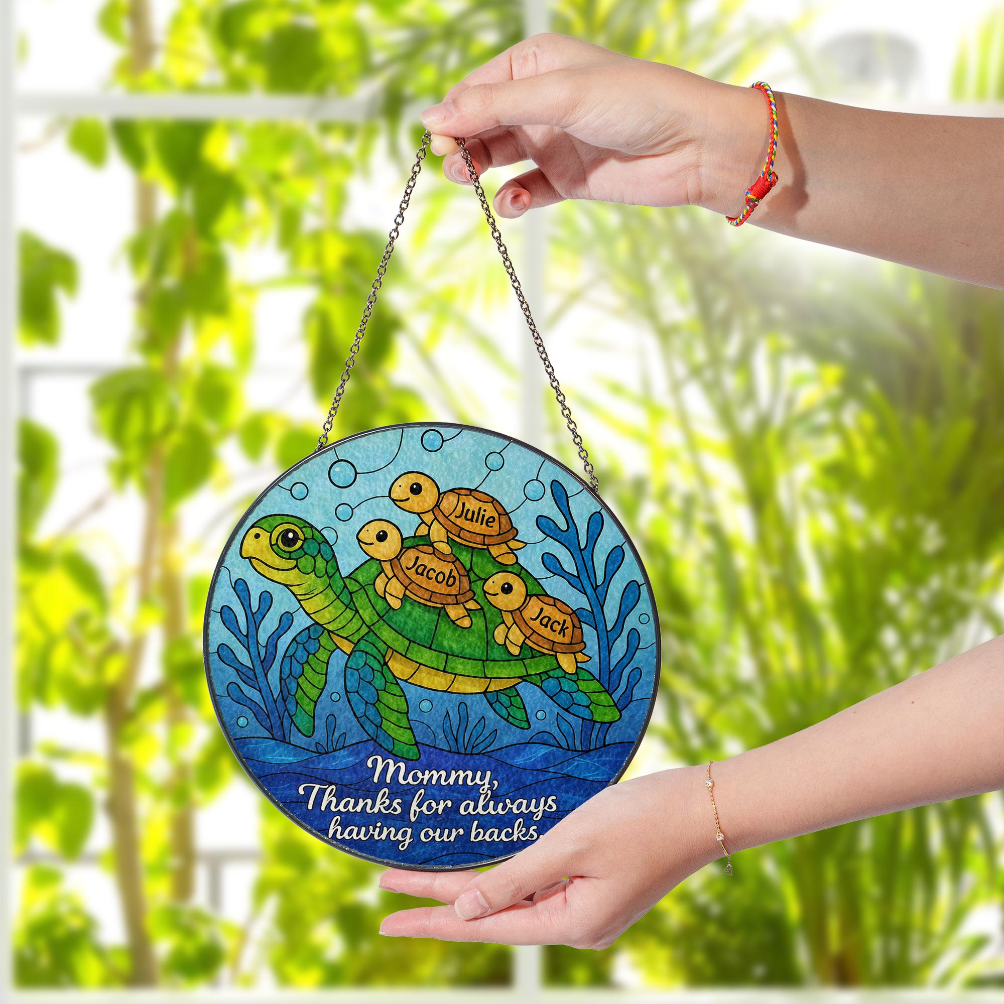 Custom Turtle Family Glass Suncatcher Gift for Mom on Mother’s Day – Personalized Sea Turtle Window Decor with Kids’ Names, up to 3 kids