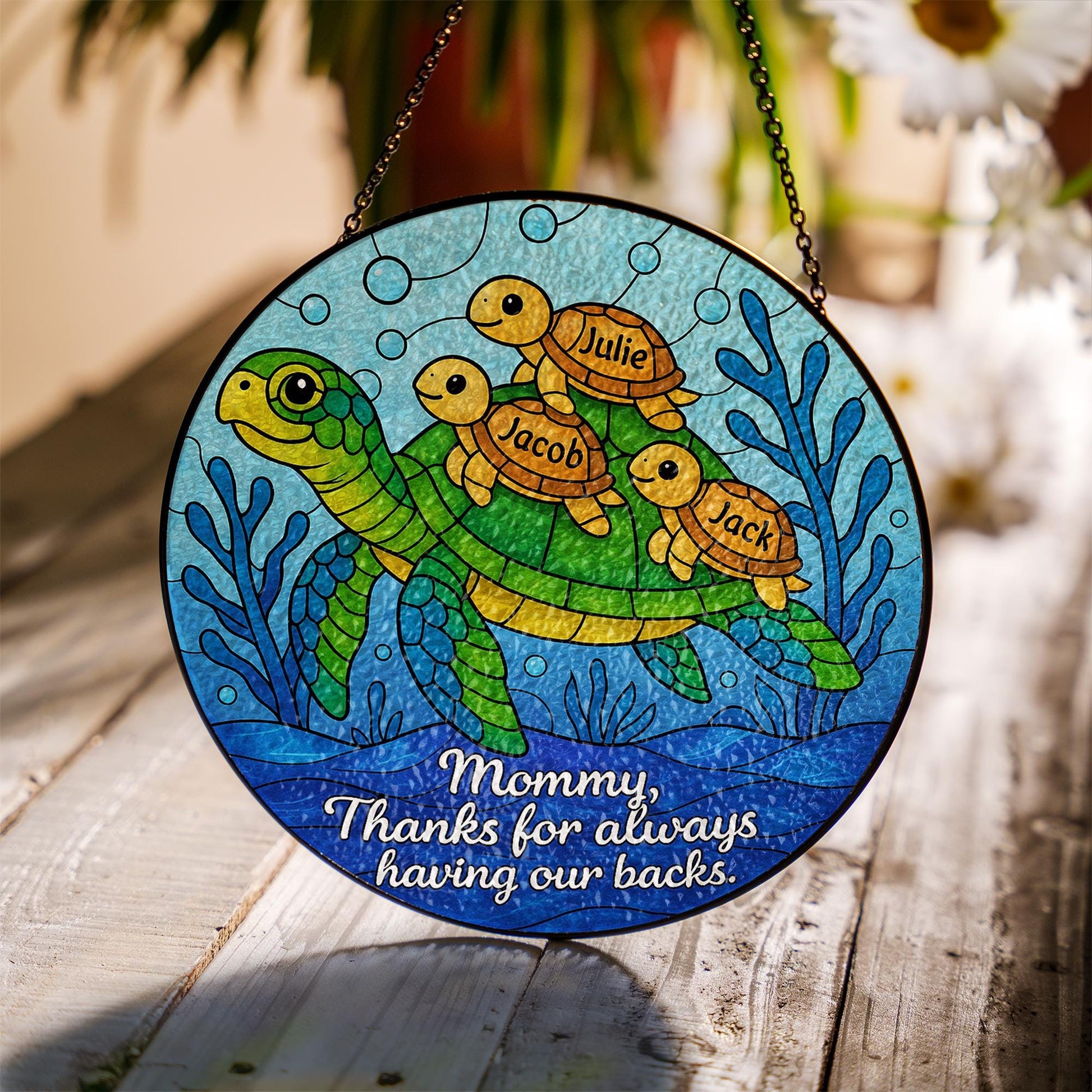 Custom Turtle Family Glass Suncatcher Gift for Mom on Mother’s Day – Personalized Sea Turtle Window Decor with Kids’ Names, up to 3 kids