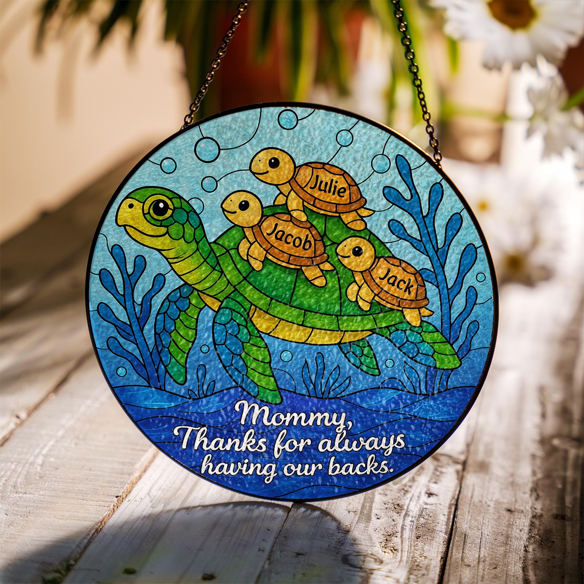 Custom Turtle Family Glass Suncatcher Gift for Mom on Mother’s Day – Personalized Sea Turtle Window Decor with Kids’ Names, up to 3 kids