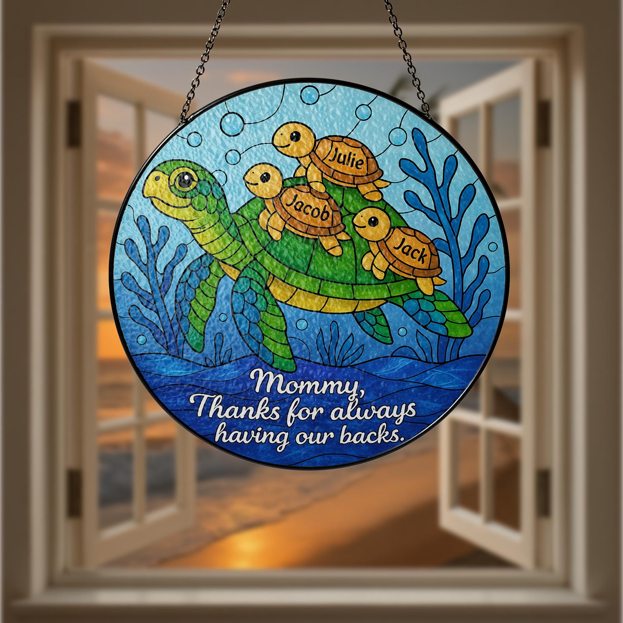 Custom Turtle Family Glass Suncatcher Gift for Mom on Mother’s Day – Personalized Sea Turtle Window Decor with Kids’ Names, up to 3 kids