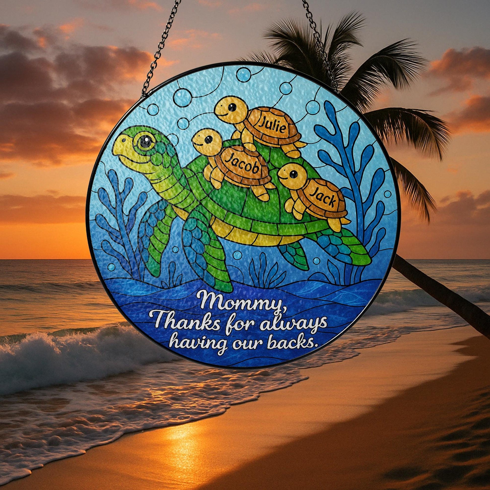 Custom Turtle Family Glass Suncatcher Gift for Mom on Mother’s Day – Personalized Sea Turtle Window Decor with Kids’ Names, up to 3 kids