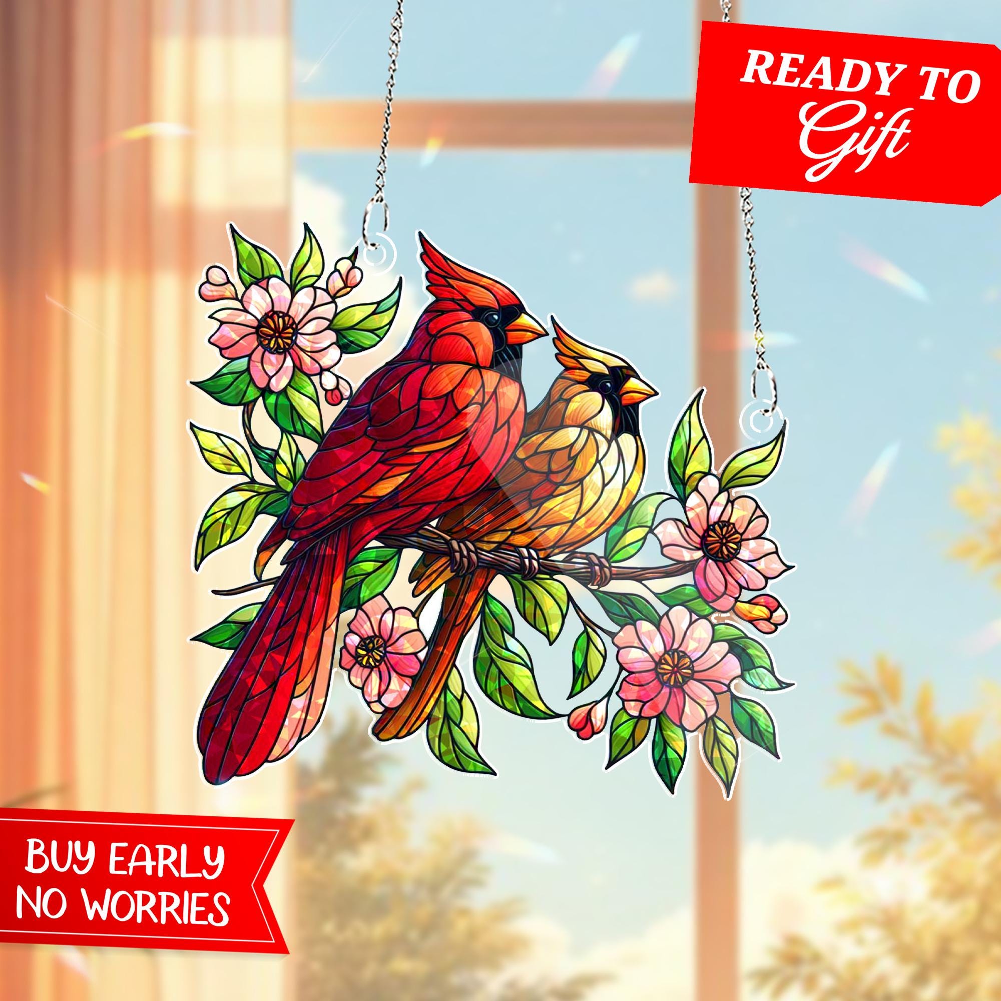 Cardinal Couple Suncatcher | Holographic Acrylic Window Hanging | Floral Bird Decor Gift | Stained Glass Look | Mother's Day Gift