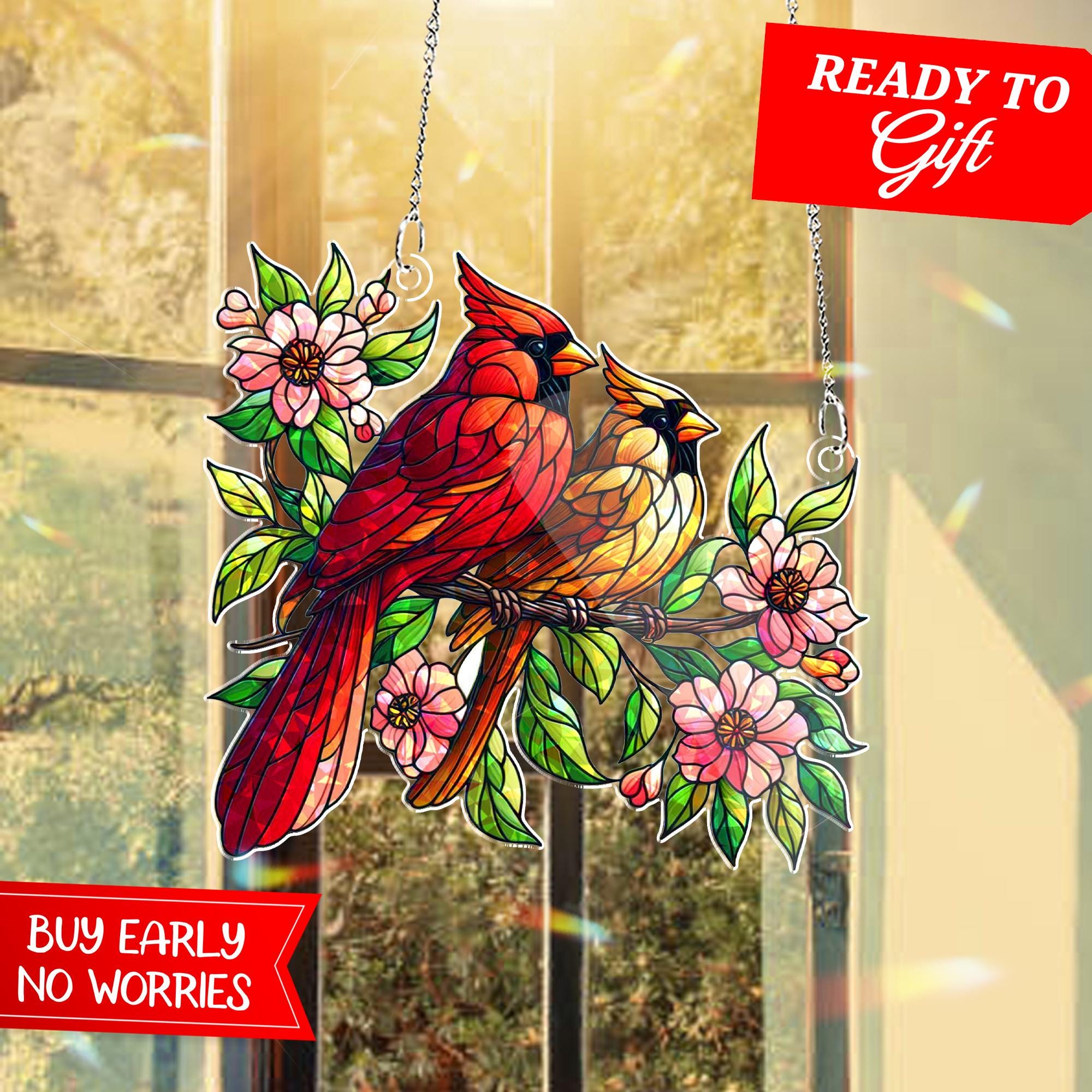 Cardinal Couple Suncatcher | Holographic Acrylic Window Hanging | Floral Bird Decor Gift | Stained Glass Look | Mother's Day Gift