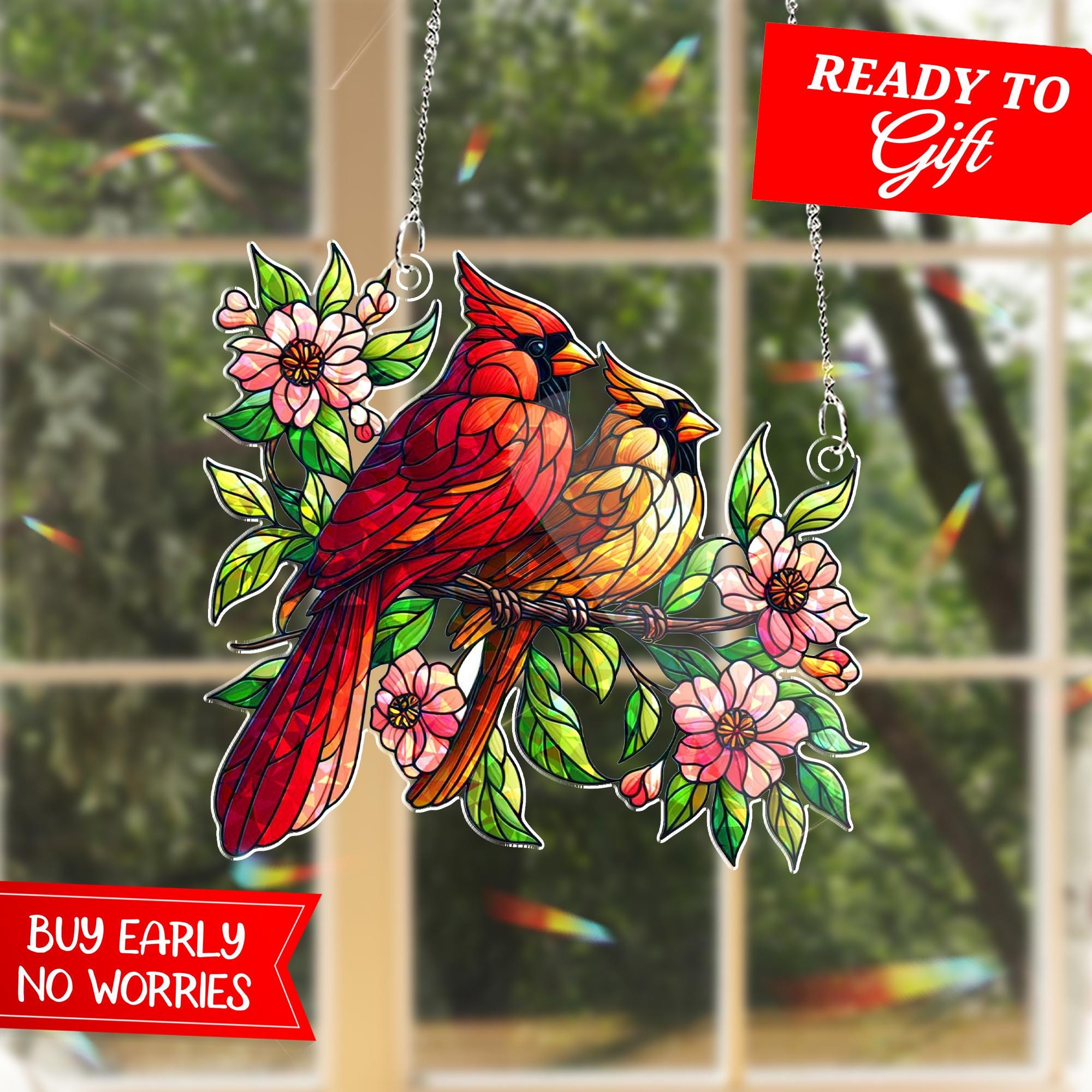 Cardinal Couple Suncatcher | Holographic Acrylic Window Hanging | Floral Bird Decor Gift | Stained Glass Look | Mother's Day Gift
