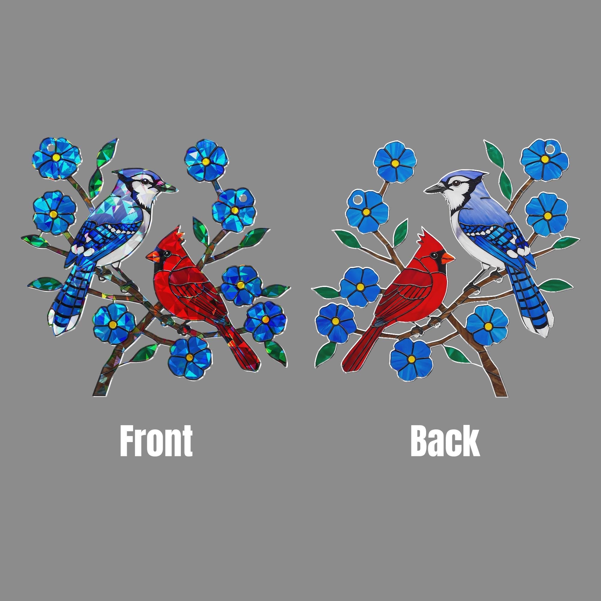 Blue Jay and Cardinal with Blue Flower Hologram Ornament – Bird Lover Gift for Mom, Nature ACYLIC Hanging Art, Mother's Day Window Decor