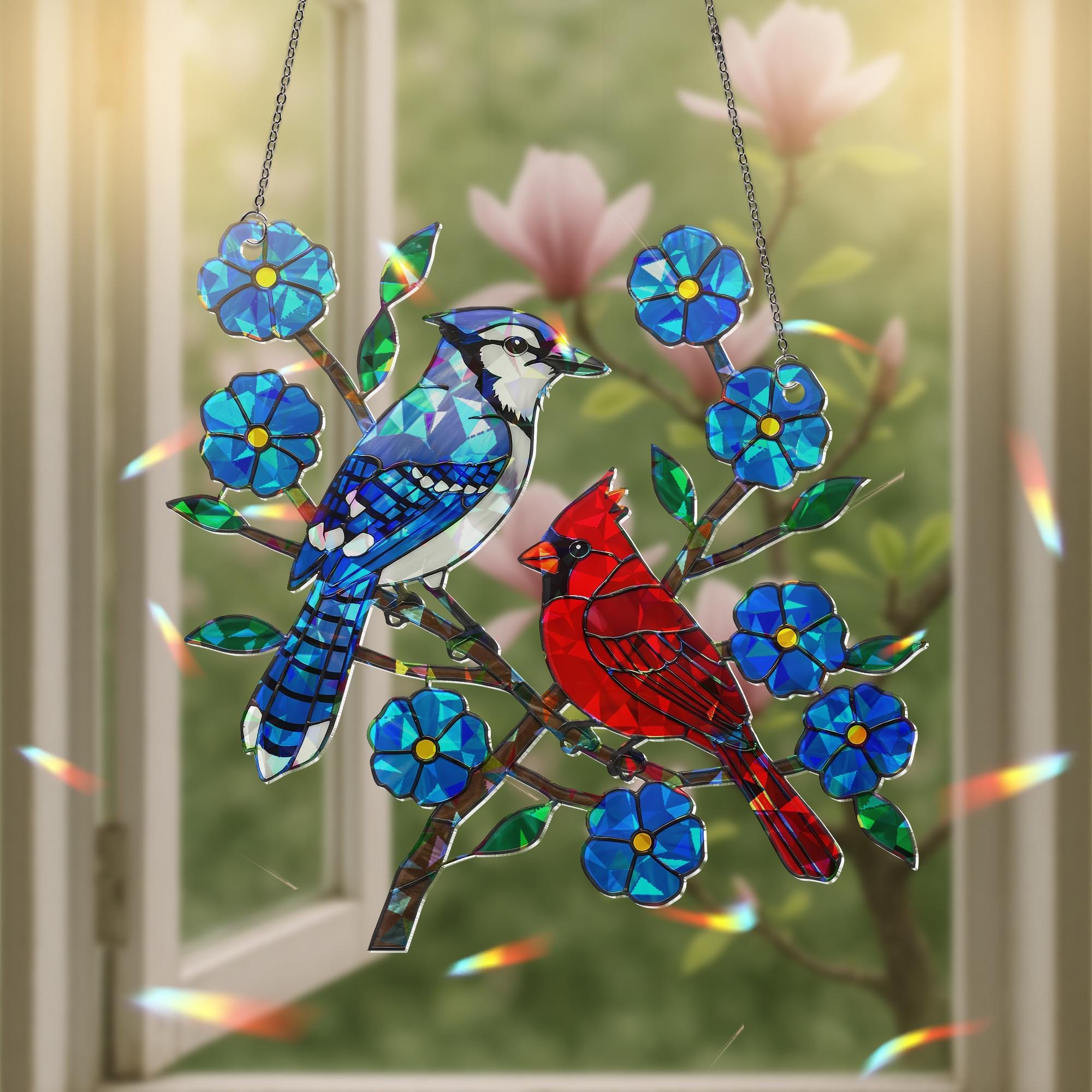 Blue Jay and Cardinal with Blue Flower Hologram Ornament – Bird Lover Gift for Mom, Nature ACYLIC Hanging Art, Mother's Day Window Decor