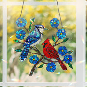 Blue Jay and Cardinal with Blue Flower Hologram Ornament – Bird Lover Gift for Mom, Nature ACYLIC Hanging Art, Mother's Day Window Decor