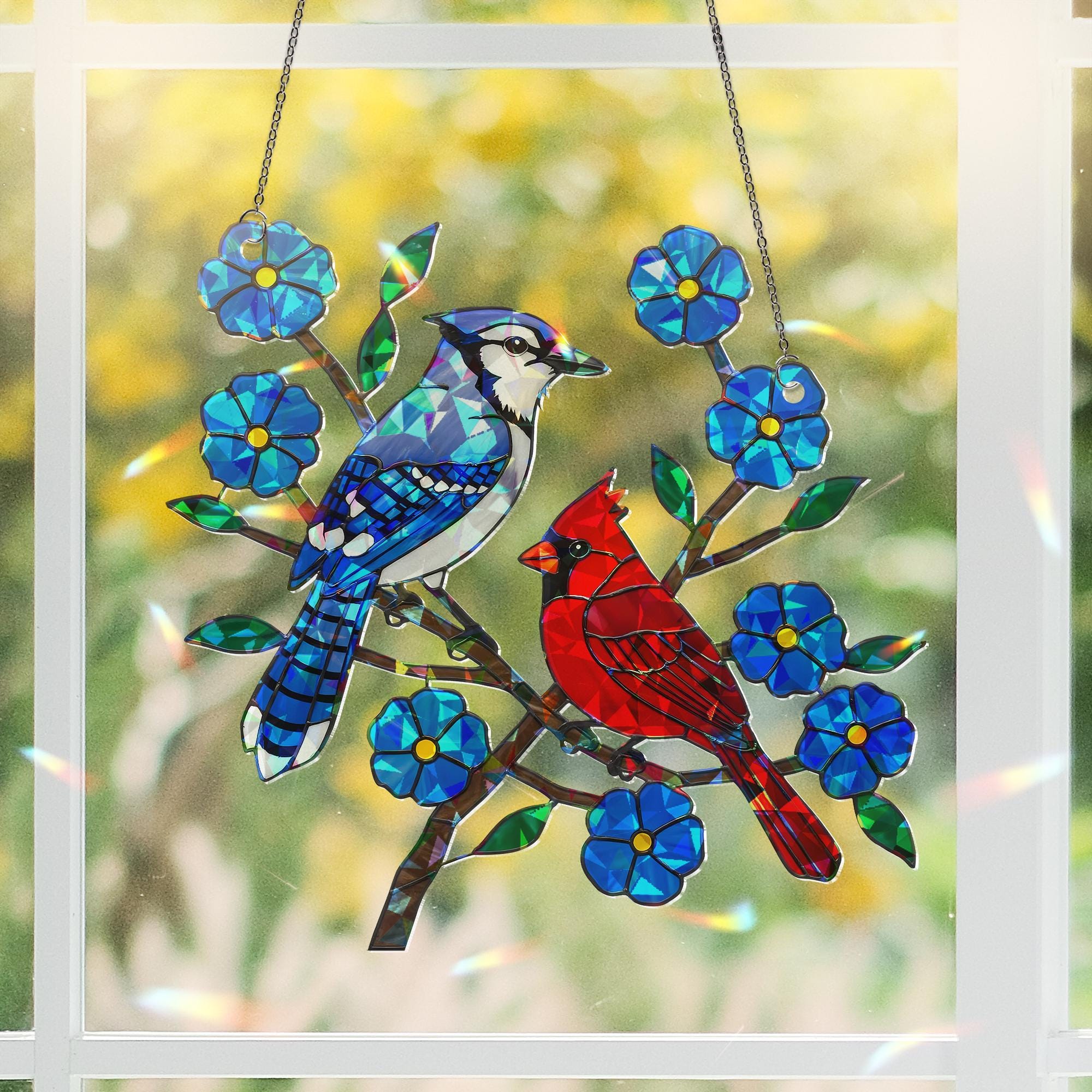 Blue Jay and Cardinal with Blue Flower Hologram Ornament – Bird Lover Gift for Mom, Nature ACYLIC Hanging Art, Mother's Day Window Decor