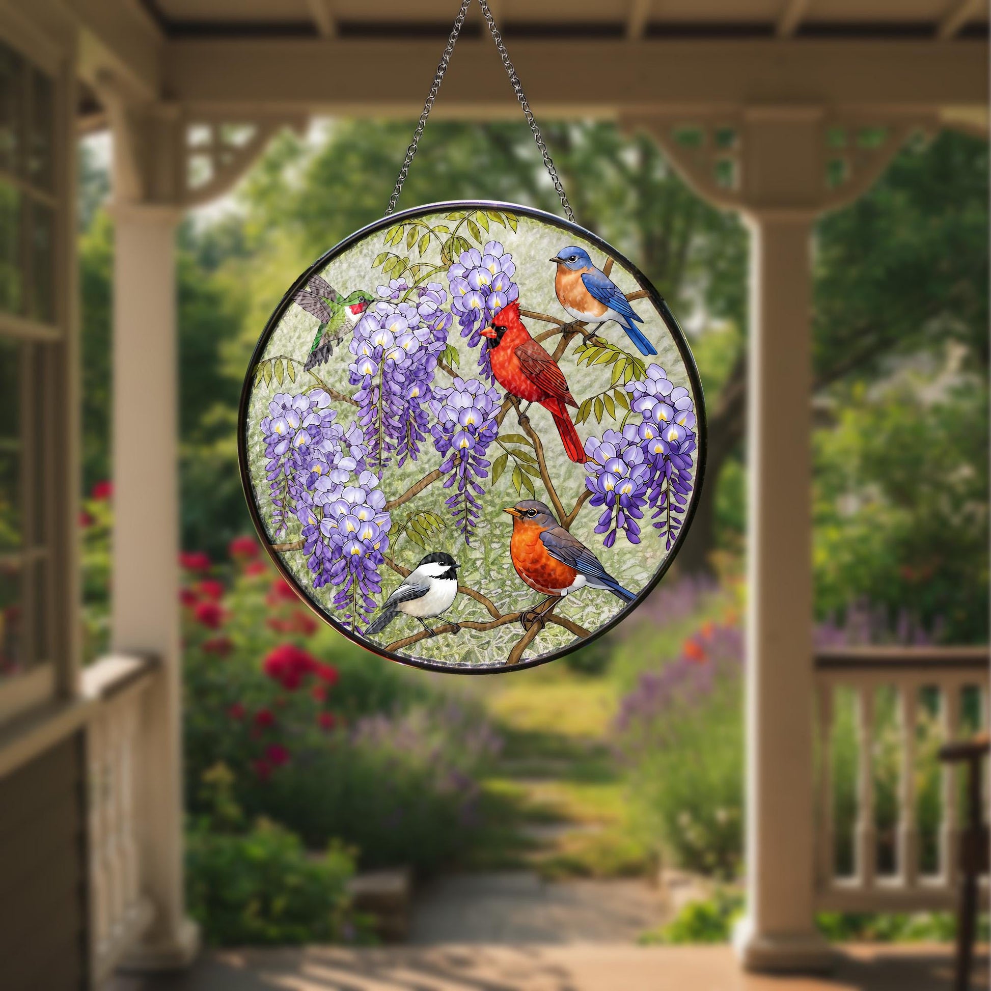 Birds on Wisteria Tree Branch Glass Suncatcher, Nature Inspired Stained Glass Window Decor, Bird Lovers Gift,Floral Home Decoration,Mom Gift