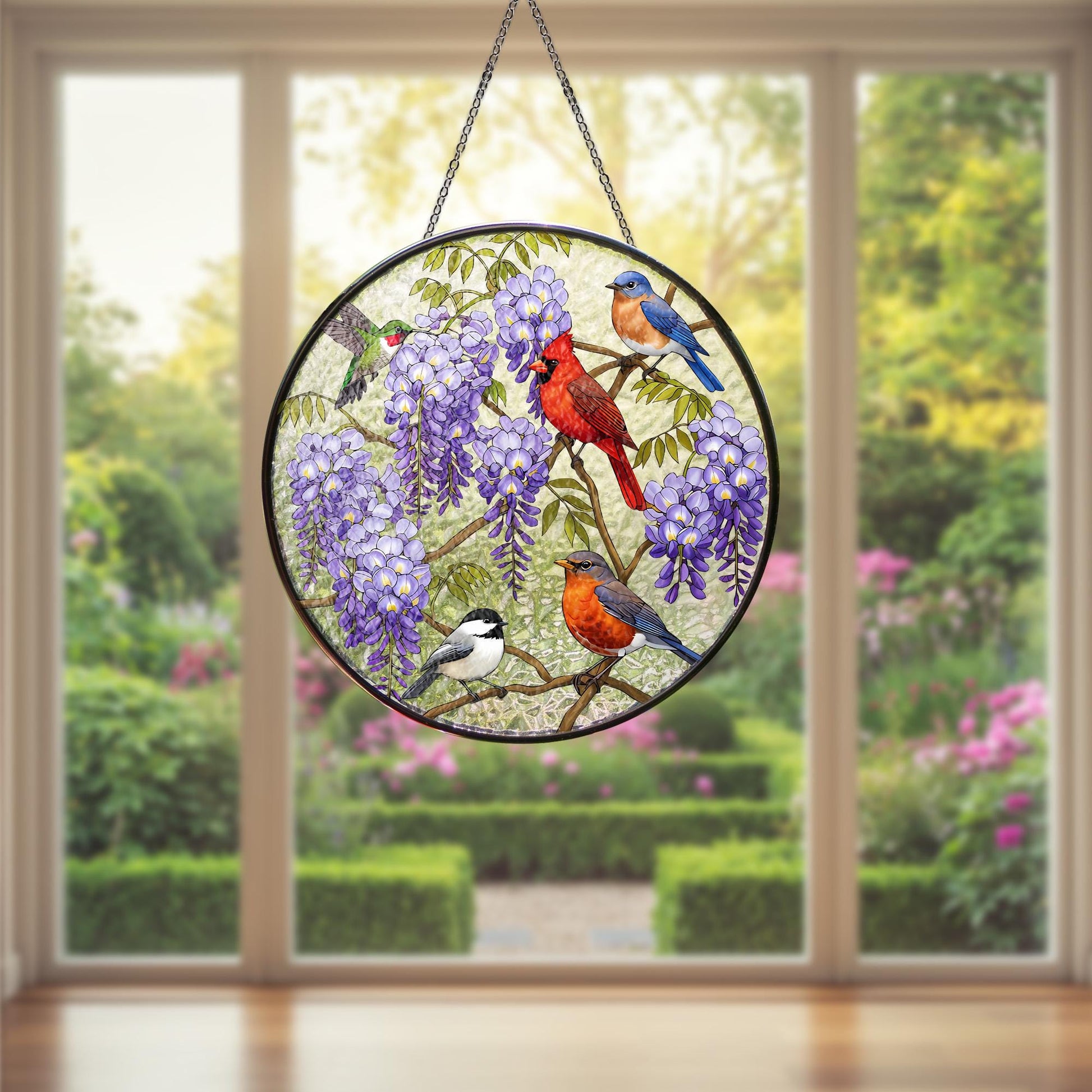 Birds on Wisteria Tree Branch Glass Suncatcher, Nature Inspired Stained Glass Window Decor, Bird Lovers Gift,Floral Home Decoration,Mom Gift
