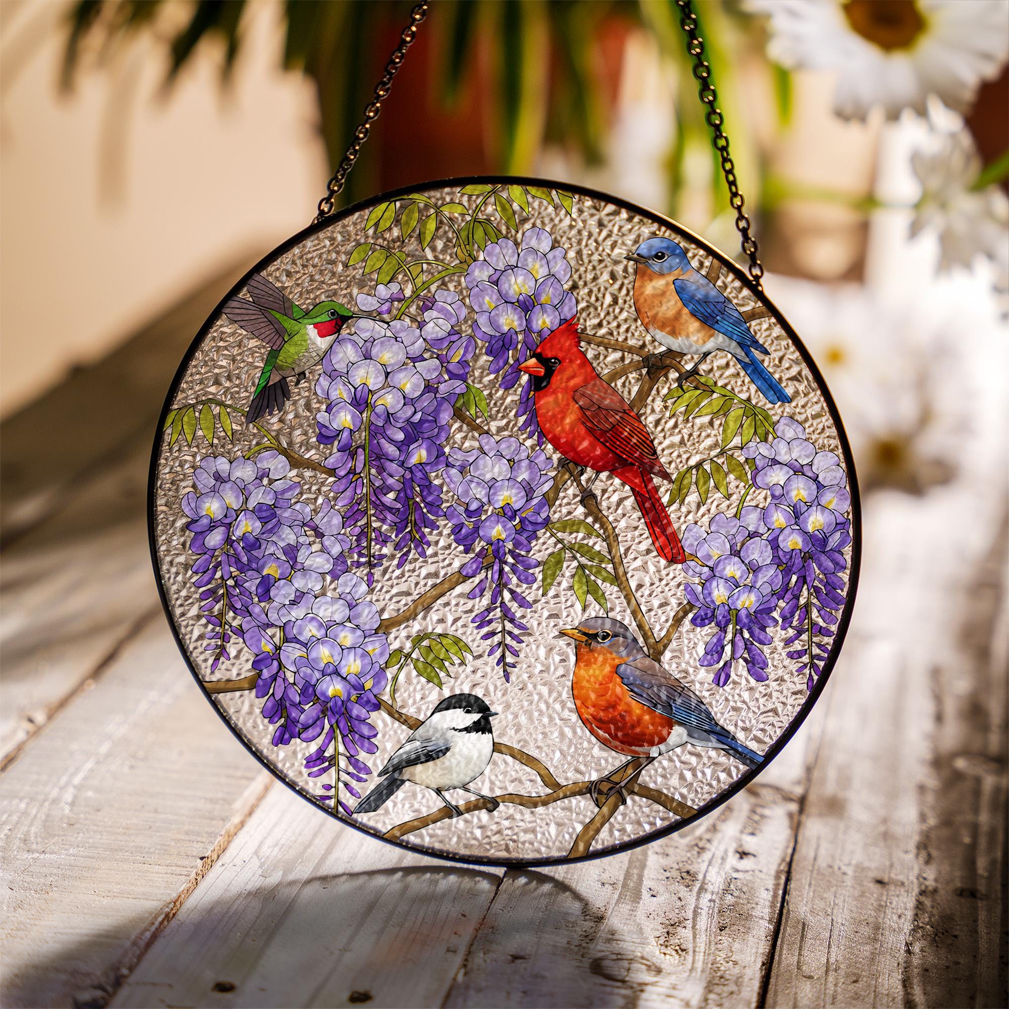 Birds on Wisteria Tree Branch Glass Suncatcher, Nature Inspired Stained Glass Window Decor, Bird Lovers Gift,Floral Home Decoration,Mom Gift