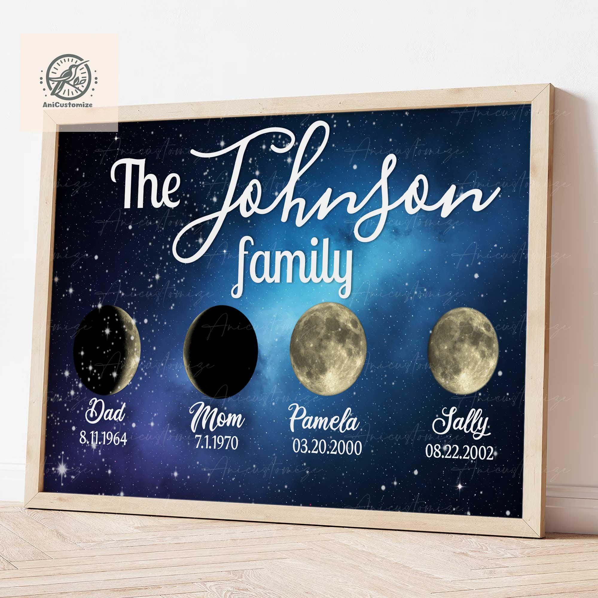 Custom Moon Phase Family Unframe Poster,Personalized Star Map Print, Family Gift with Birthdates, Celestial Wall Art,Family Member Moonphase