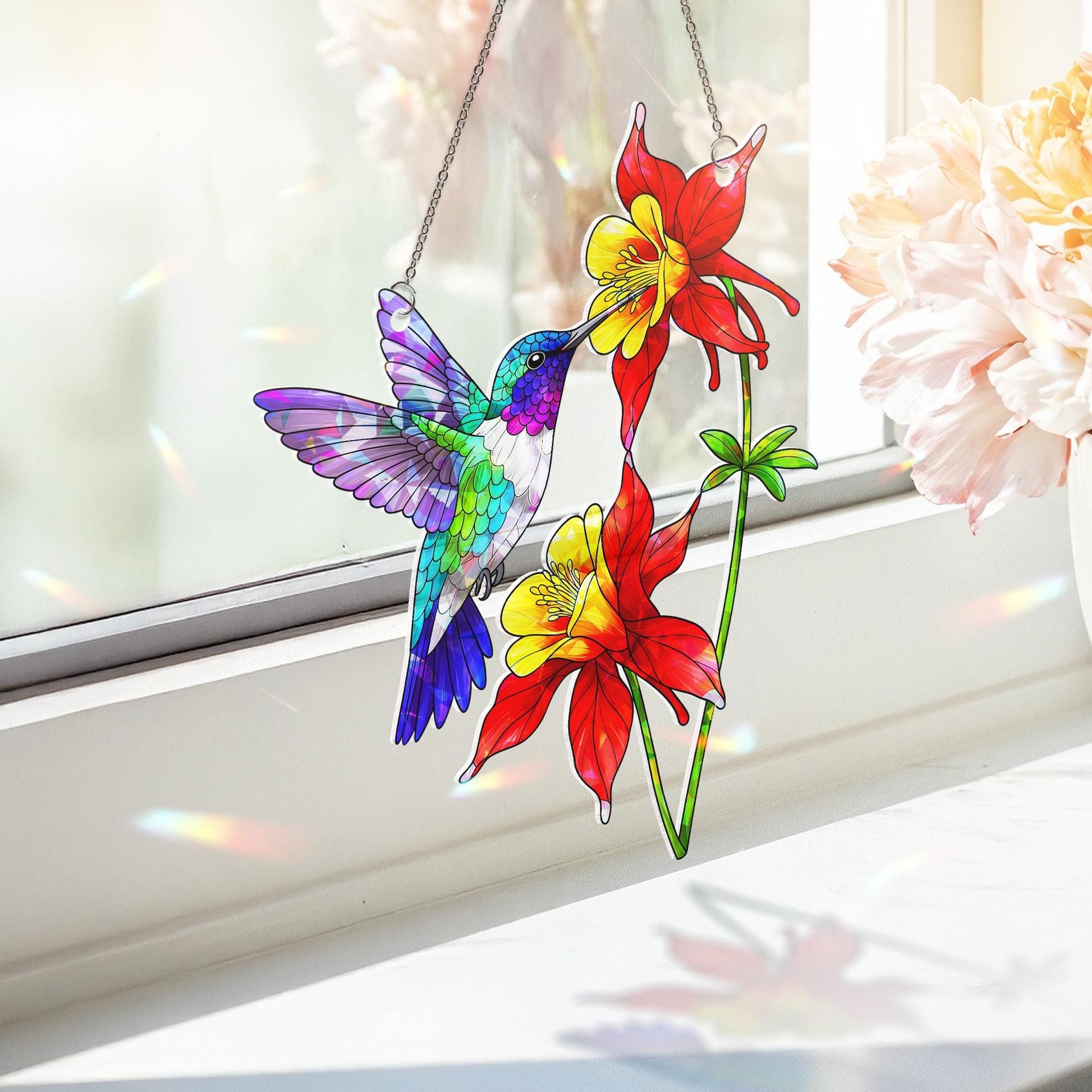 Vibrant Hummingbird & Columbine Acrylic Window Hanging Ornament, Nature Lover Gift, Colorful Garden Decor, Bird Lover Gift, Home Wall Art