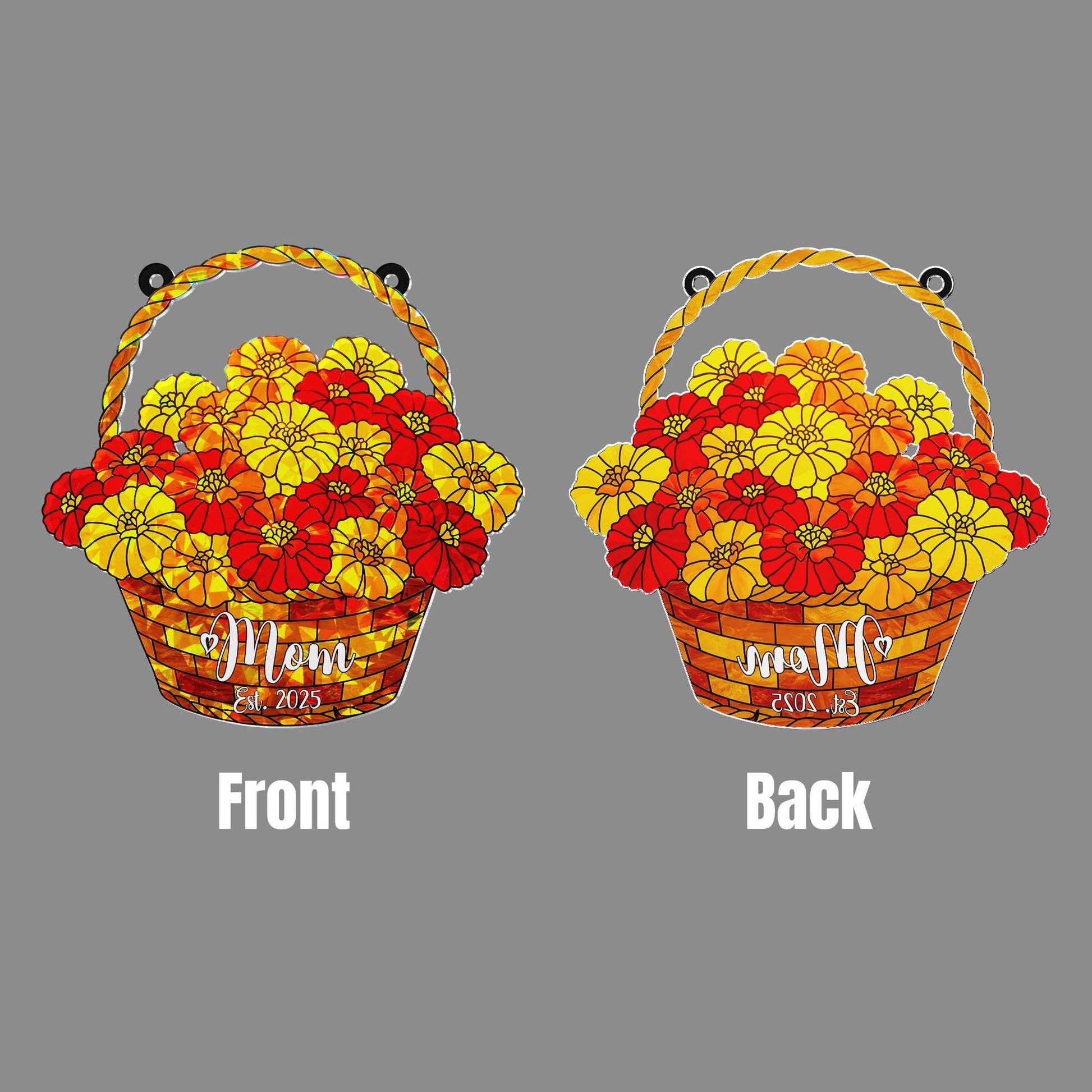 Personalized Mom Est. 2025 Marigold Basket Acrylic Window Hanging Ornament, New Mom Gift, Mother's Day, Custom Name Gift, October Birth Gift