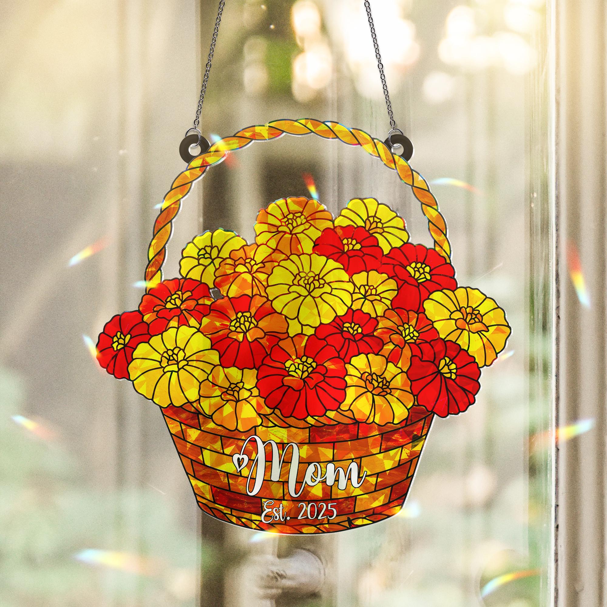 Personalized Mom Est. 2025 Marigold Basket Acrylic Window Hanging Ornament, New Mom Gift, Mother's Day, Custom Name Gift, October Birth Gift