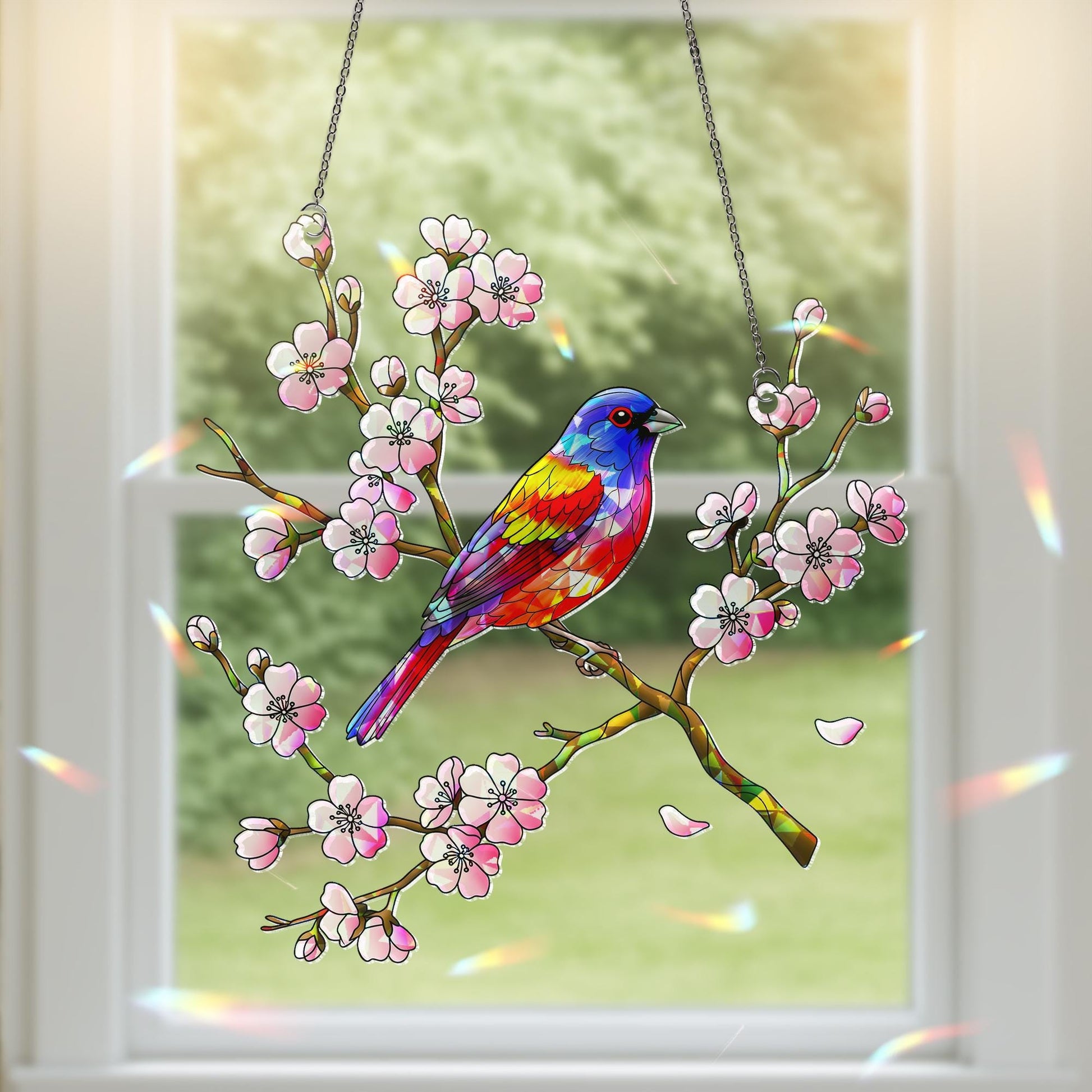 Painted Bunting Bird & Cherry Blossom Acrylic Window Hanging Ornament, Vibrant Spring Home Decor Gift Idea, Bird Lover, Flower Lover