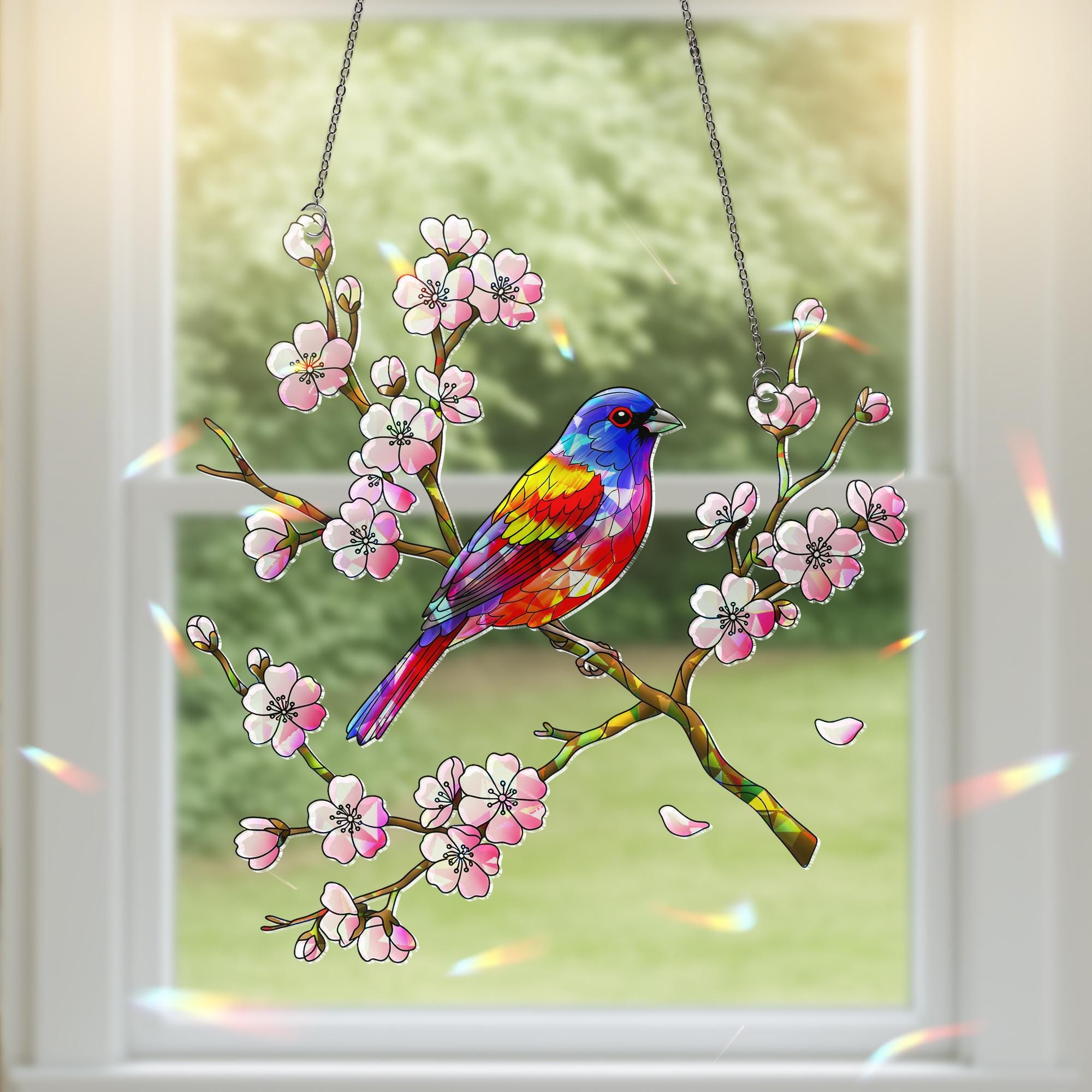Painted Bunting Bird & Cherry Blossom Acrylic Window Hanging Ornament, Vibrant Spring Home Decor Gift Idea, Bird Lover, Flower Lover