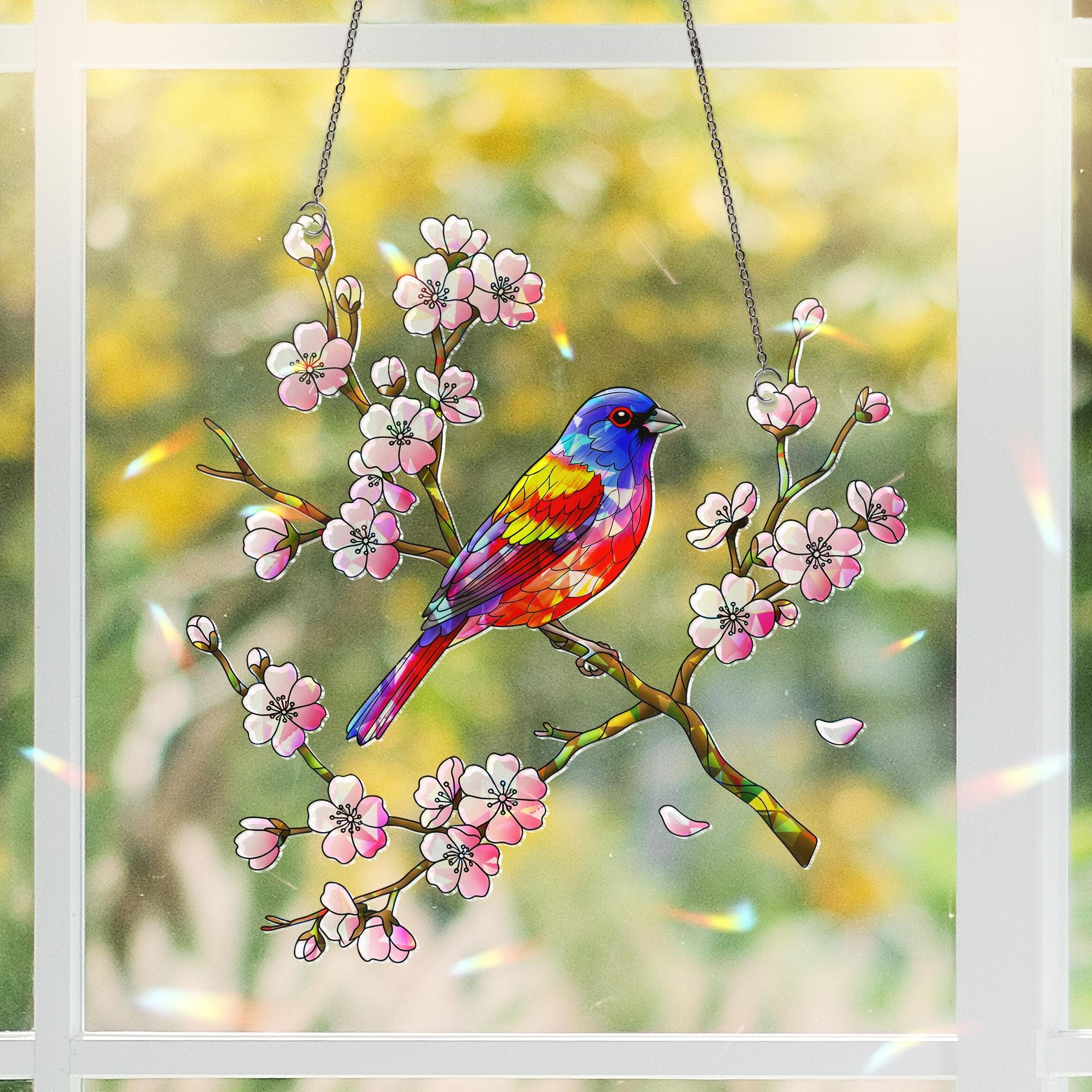 Painted Bunting Bird & Cherry Blossom Acrylic Window Hanging Ornament, Vibrant Spring Home Decor Gift Idea, Bird Lover, Flower Lover