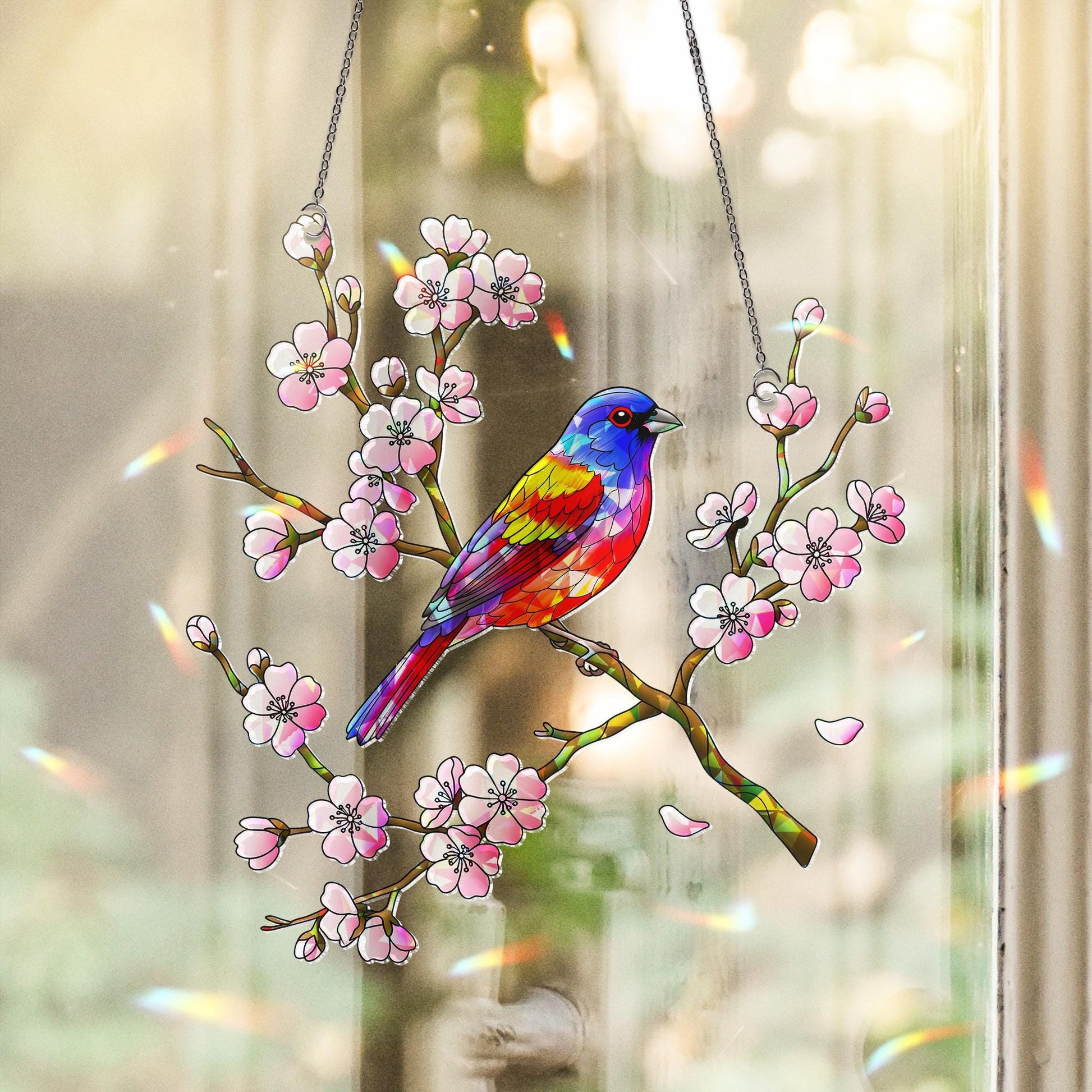 Painted Bunting Bird & Cherry Blossom Acrylic Window Hanging Ornament, Vibrant Spring Home Decor Gift Idea, Bird Lover, Flower Lover