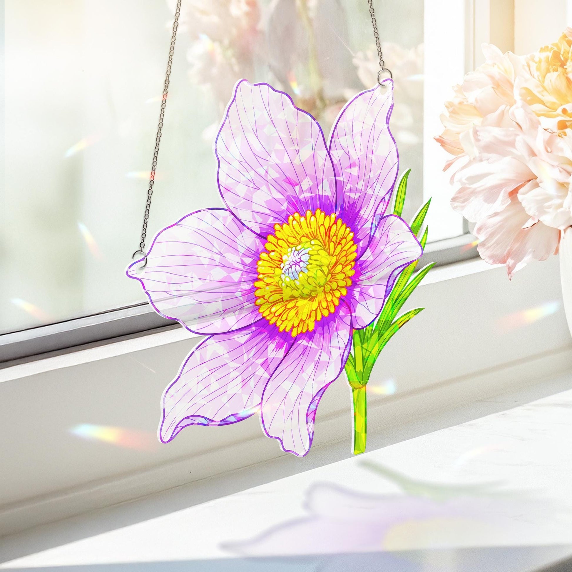 Vibrant Pasque Flower Acrylic Window Hanging Ornament, Delicate Floral Art Ornament, Botanical Home Decor, Flower Lover, Gift For Her