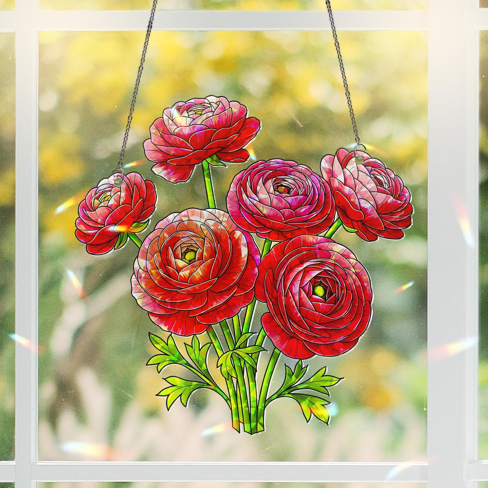 Red Pink Ranunculus Hologram Acrylic Window Hanging Ornament, Botanical Home Decor, Beautiful Gift For Her, Flower Lover
