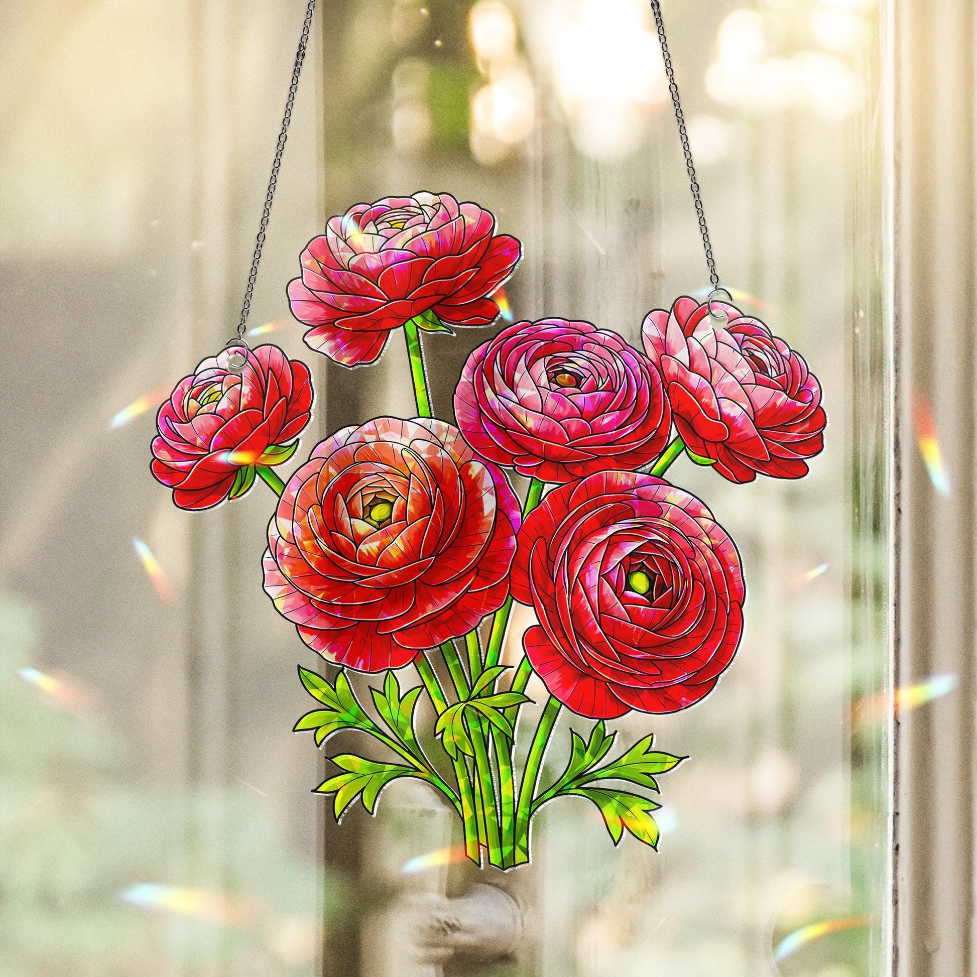 Red Pink Ranunculus Hologram Acrylic Window Hanging Ornament, Botanical Home Decor, Beautiful Gift For Her, Flower Lover