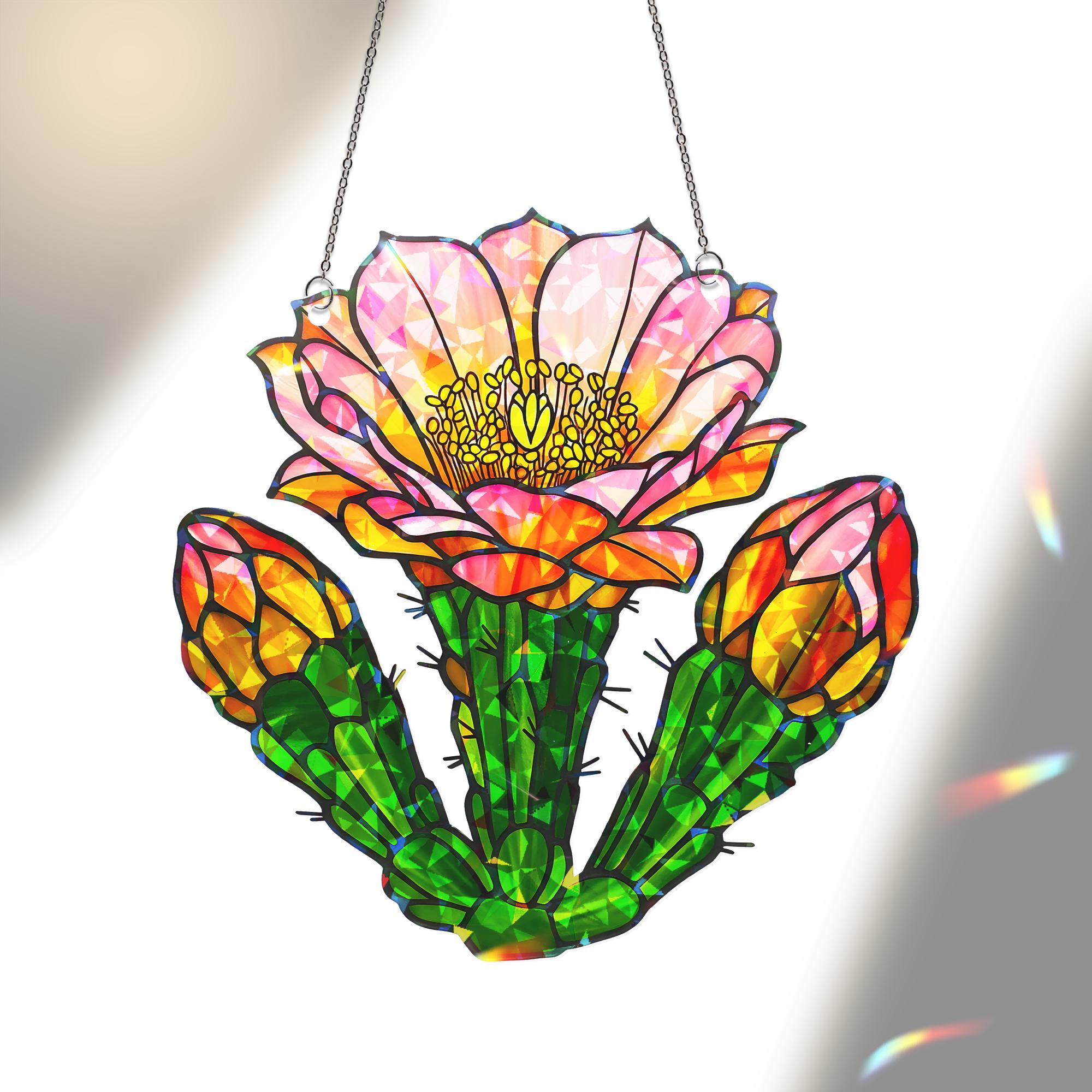 Saguaro Cactus Flower Hologram Acrylic Window Hanging Ornament, Desert Bloom Home Decor, Unique Gift Idea, Prism Home Decor, Flower Lover