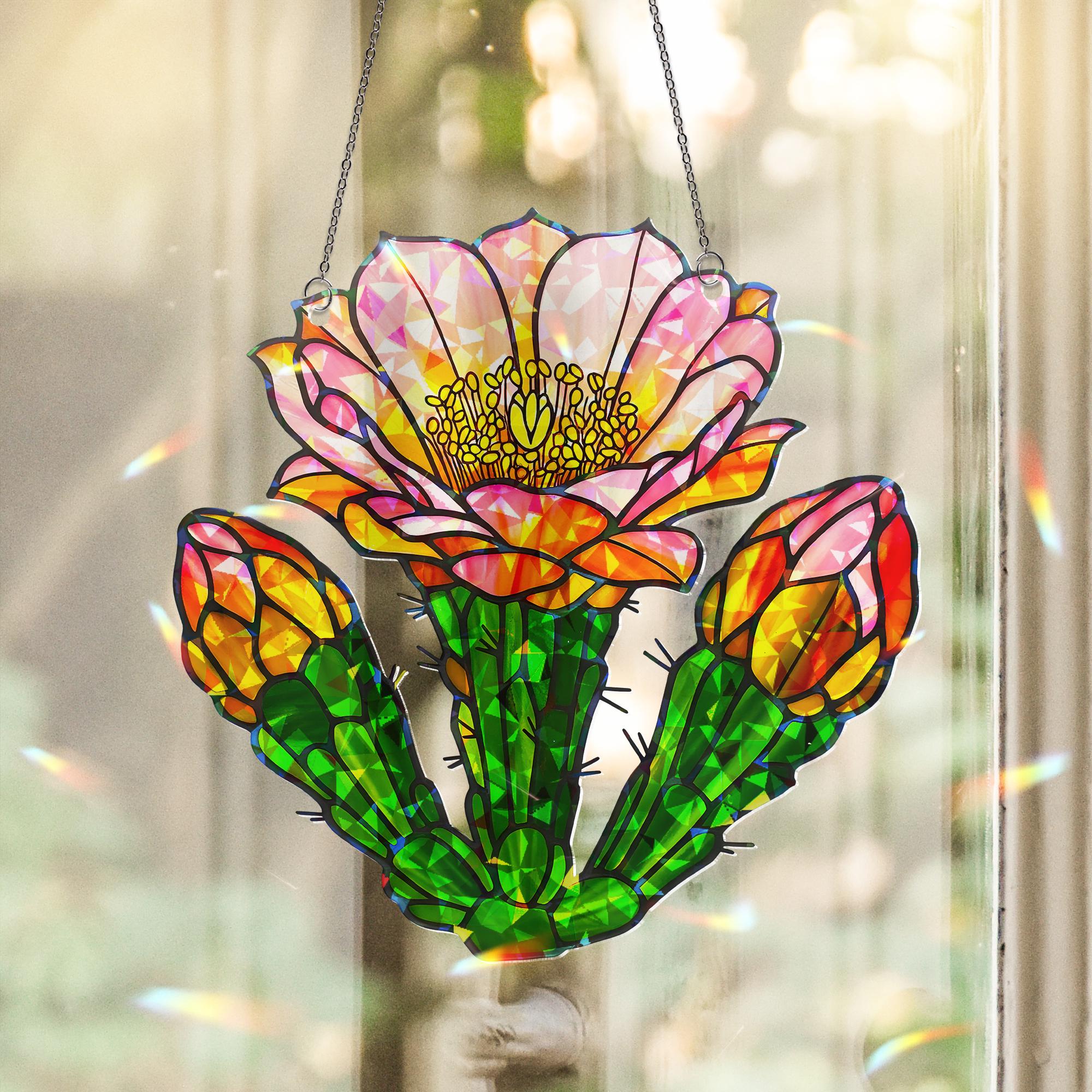 Saguaro Cactus Flower Hologram Acrylic Window Hanging Ornament, Desert Bloom Home Decor, Unique Gift Idea, Prism Home Decor, Flower Lover
