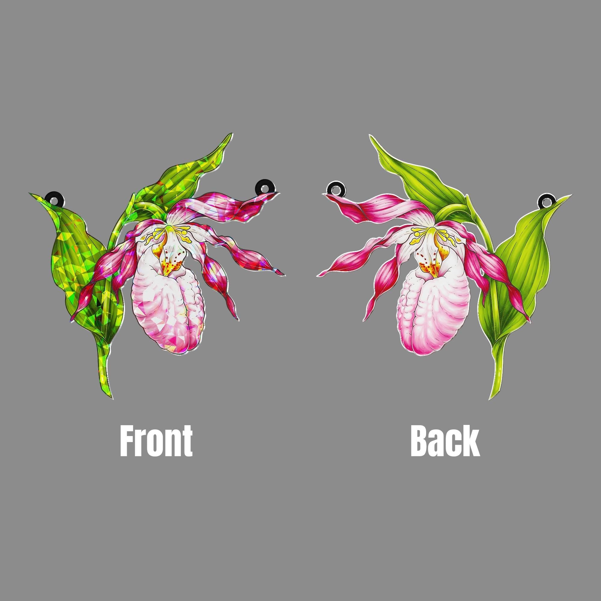 Pink Lady Slipper Orchid Hologram Acrylic Window Hanging Ornament, Floral Home Decor, Unique Gardener Gift, Botanical Art, Gift For Her