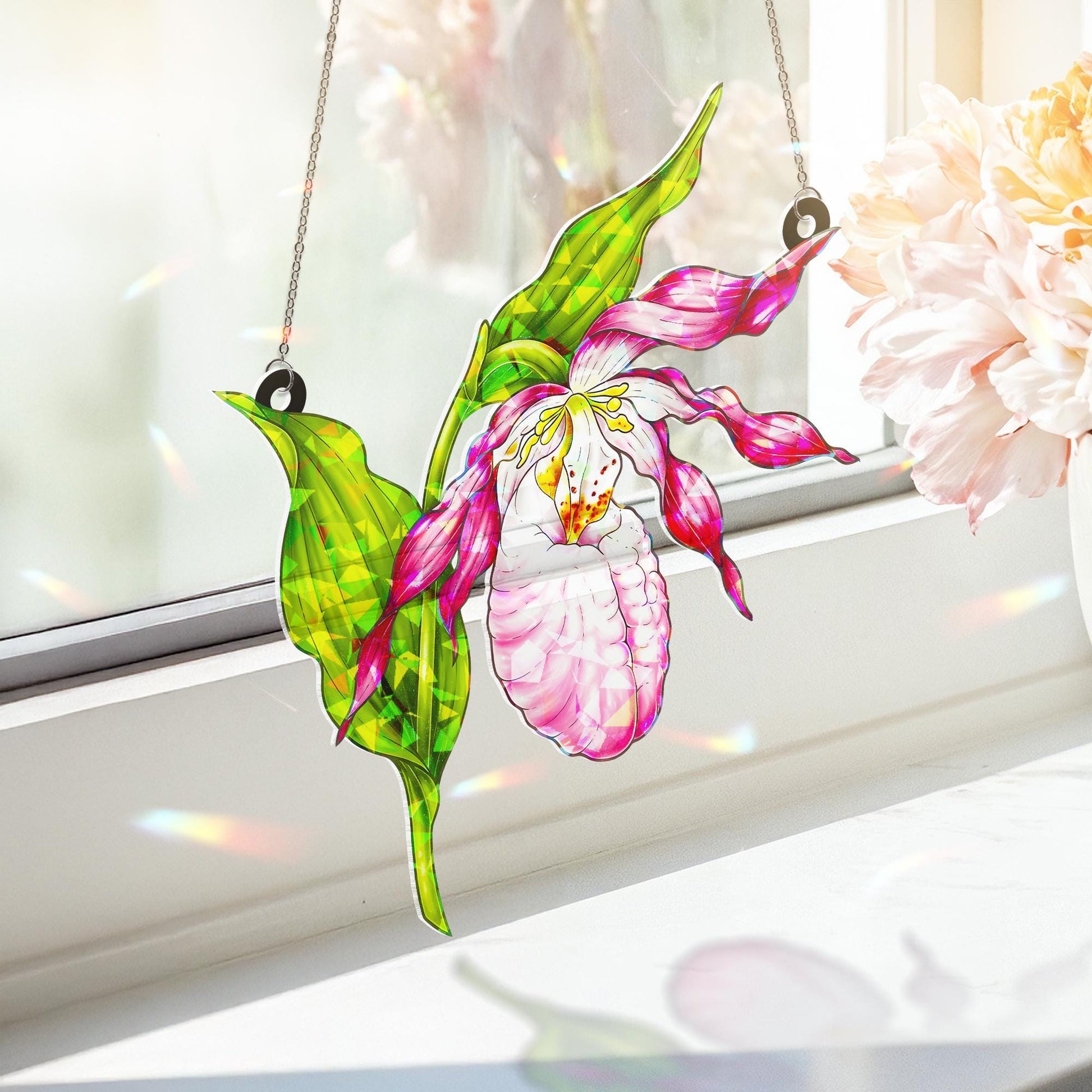 Pink Lady Slipper Orchid Hologram Acrylic Window Hanging Ornament, Floral Home Decor, Unique Gardener Gift, Botanical Art, Gift For Her