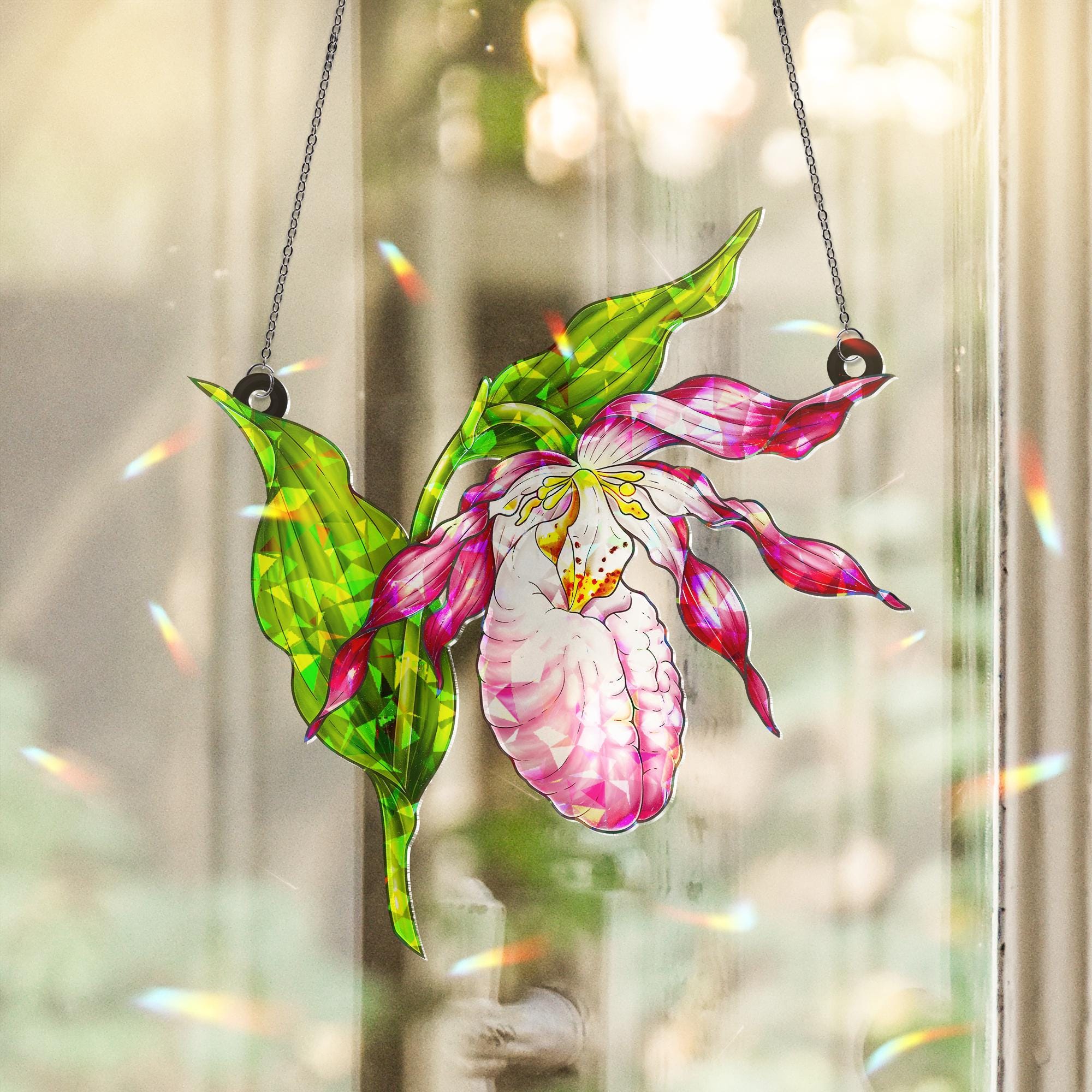 Pink Lady Slipper Orchid Hologram Acrylic Window Hanging Ornament, Floral Home Decor, Unique Gardener Gift, Botanical Art, Gift For Her