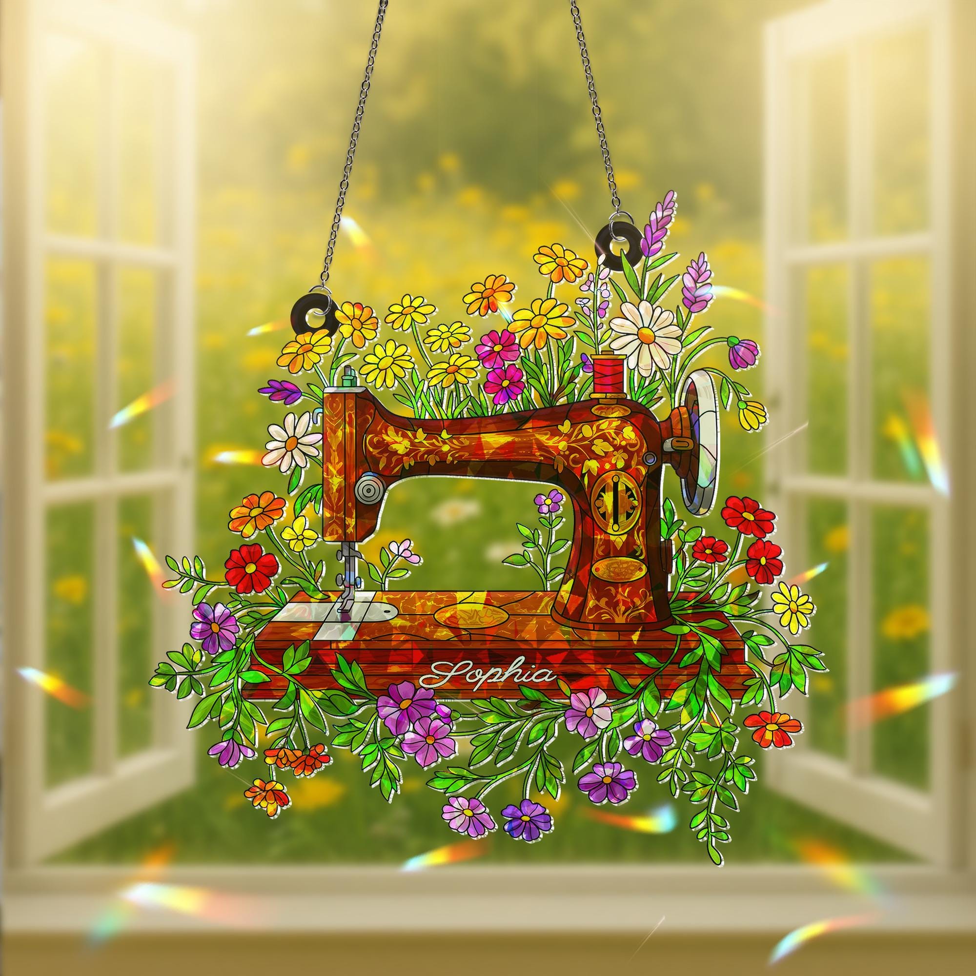 Personalized Floral Sewing Machine Hologram Acrylic Window Hanging Ornament, Custom Name Gift for Sewist, Quilter Mom, Crafter Decor