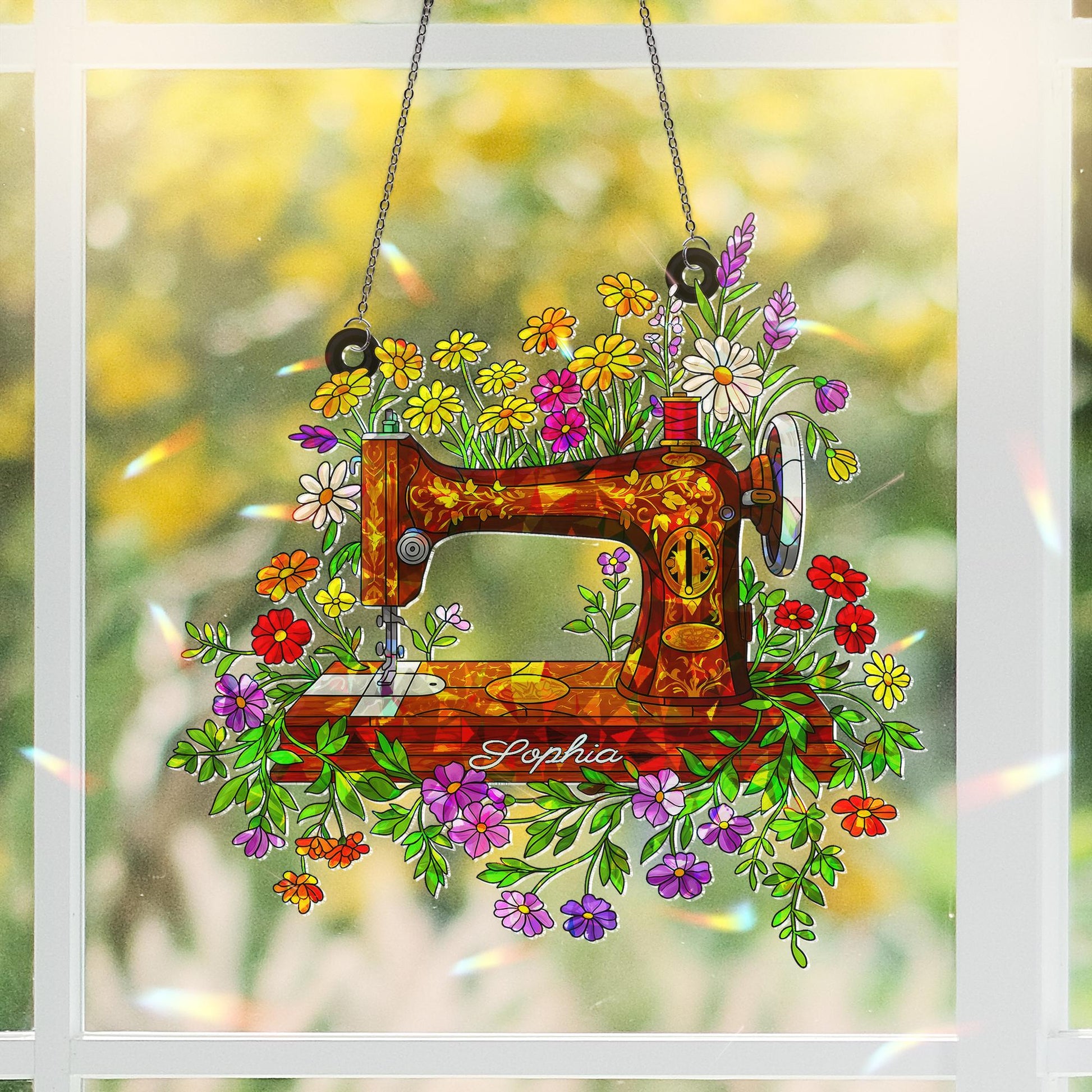 Personalized Floral Sewing Machine Hologram Acrylic Window Hanging Ornament, Custom Name Gift for Sewist, Quilter Mom, Crafter Decor