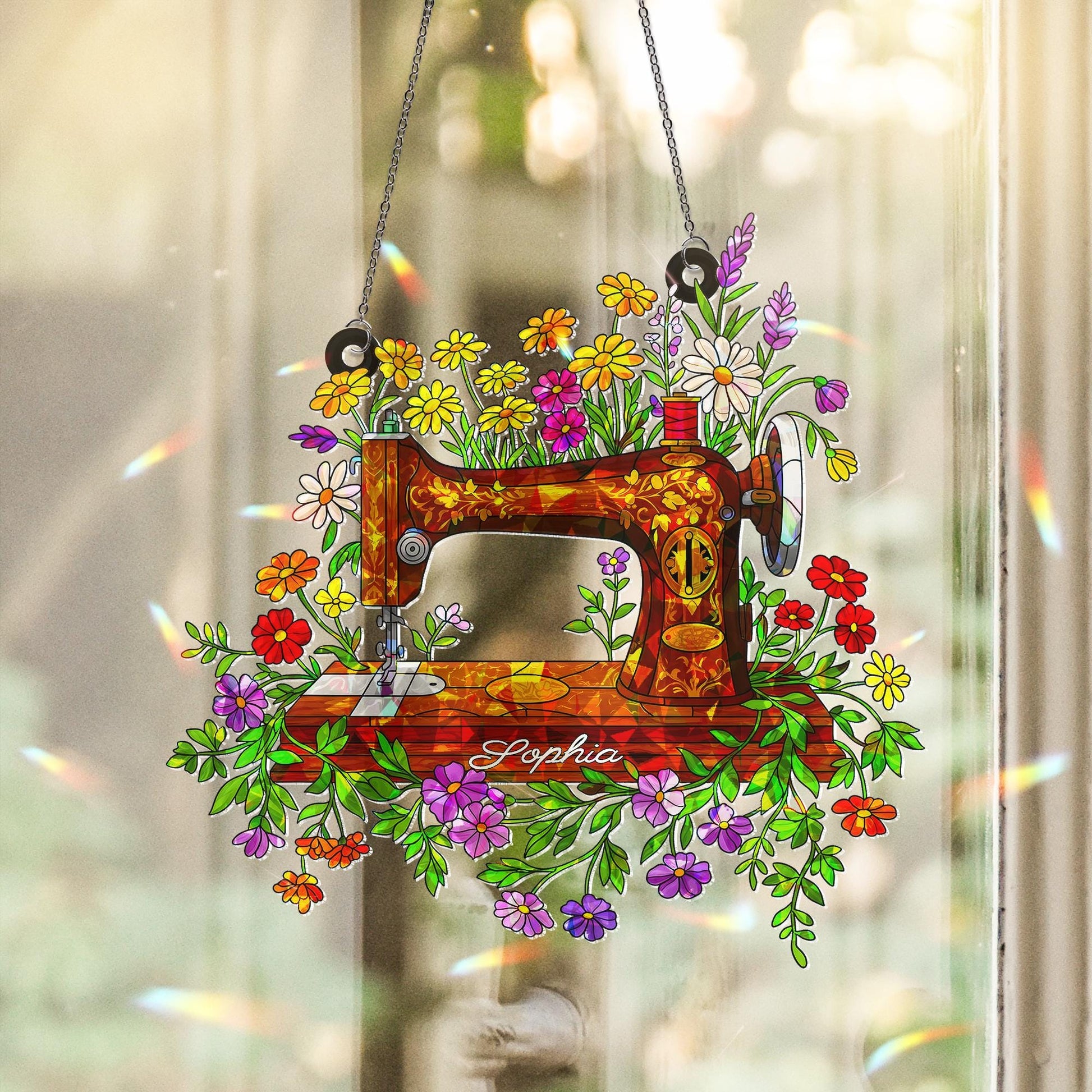 Personalized Floral Sewing Machine Hologram Acrylic Window Hanging Ornament, Custom Name Gift for Sewist, Quilter Mom, Crafter Decor