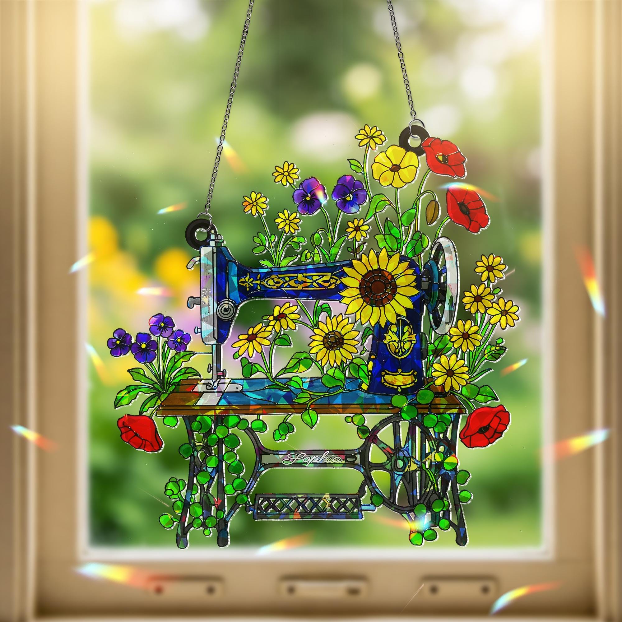 Personalized Floral Sewing Machine Hologram Acrylic Window Hanging Ornament, Custom Name Gift for Sewist, Quilter Grandma, Crafter Decor