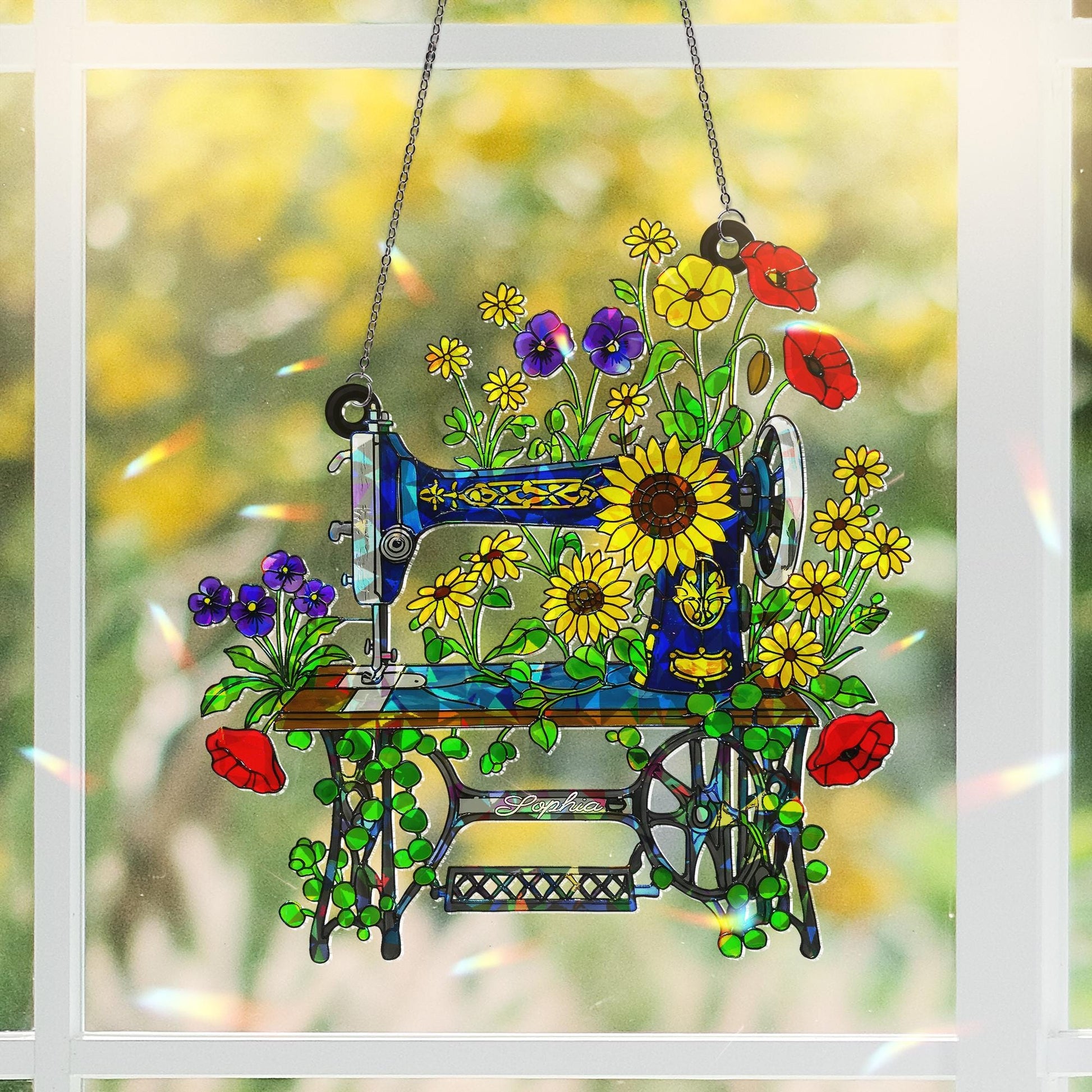 Personalized Floral Sewing Machine Hologram Acrylic Window Hanging Ornament, Custom Name Gift for Sewist, Quilter Grandma, Crafter Decor