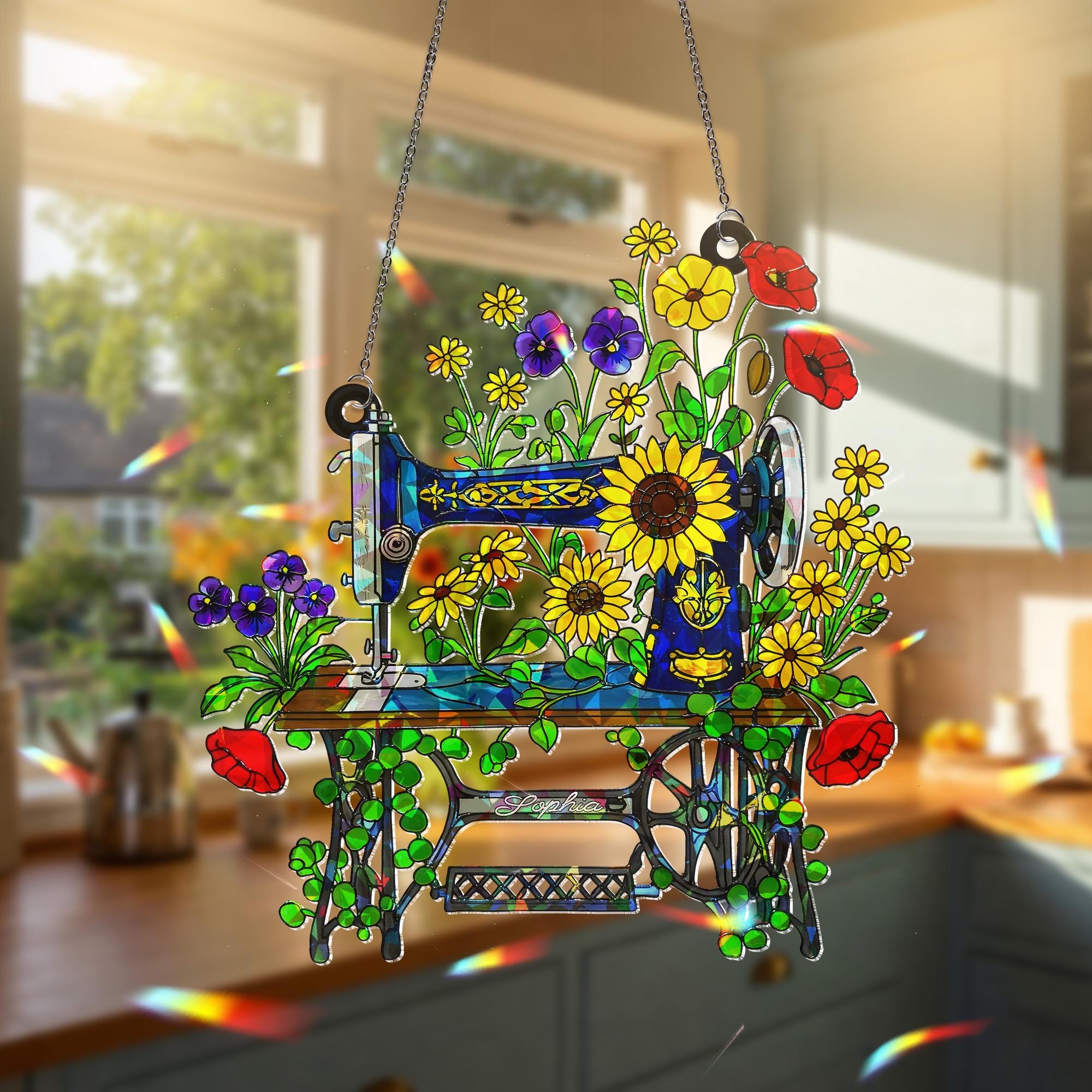 Personalized Floral Sewing Machine Hologram Acrylic Window Hanging Ornament, Custom Name Gift for Sewist, Quilter Grandma, Crafter Decor