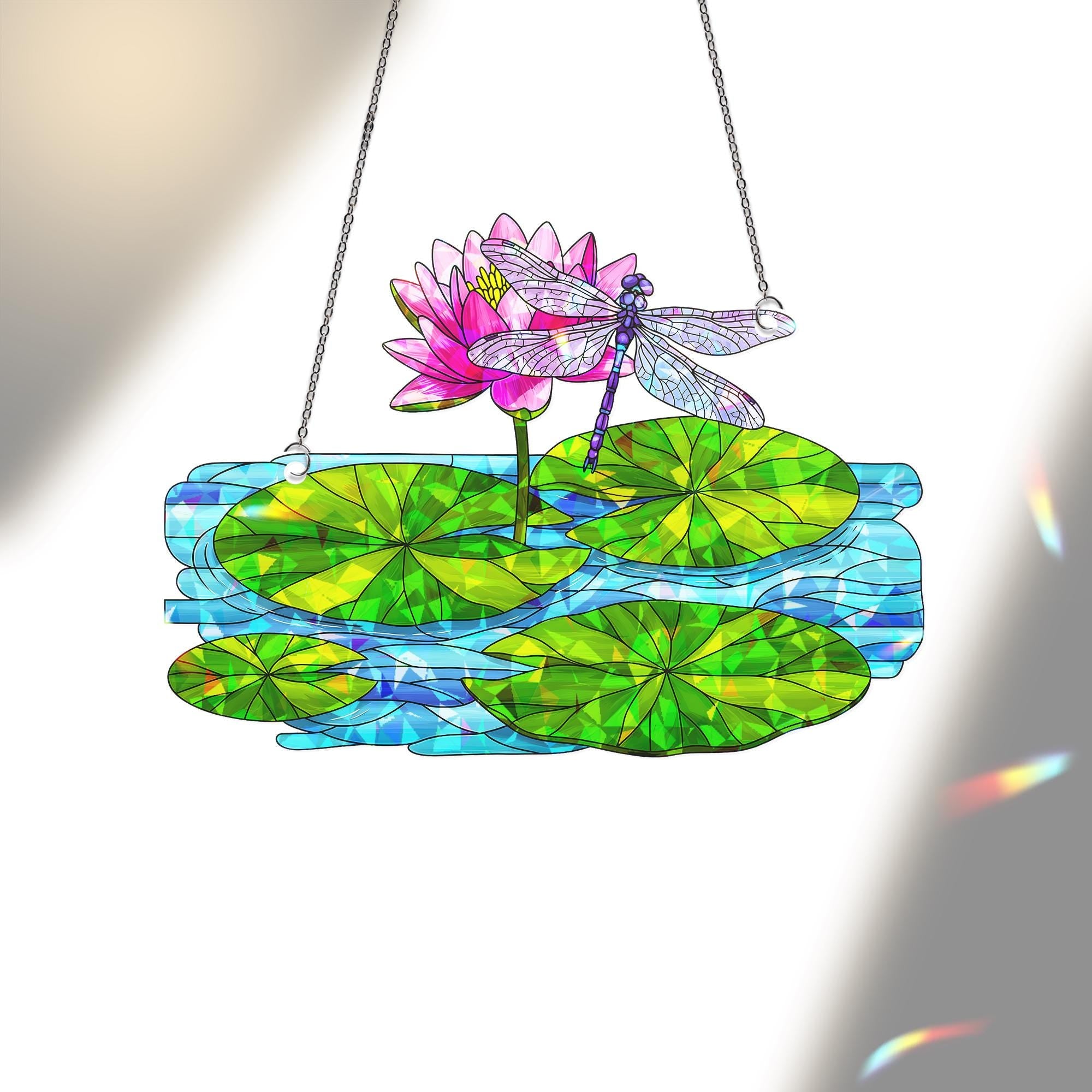 Dragonfly & Water Lily Hologram Acrylic Window Hanging Ornament, Nature Inspired Home Decor, Unique Gift Idea, Flower Lover, Gift For Her