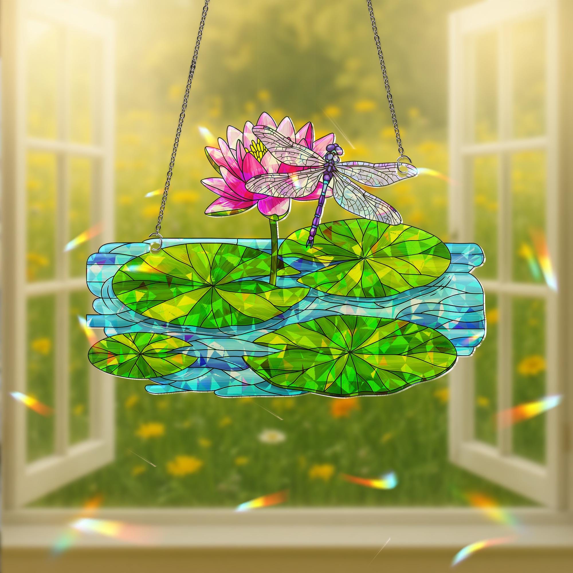 Dragonfly & Water Lily Hologram Acrylic Window Hanging Ornament, Nature Inspired Home Decor, Unique Gift Idea, Flower Lover, Gift For Her